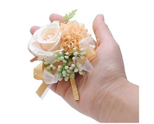 2 Pack Champagne Flower Wrist Corsage Boutonniere Set,3″ Artificial Rose Carn…