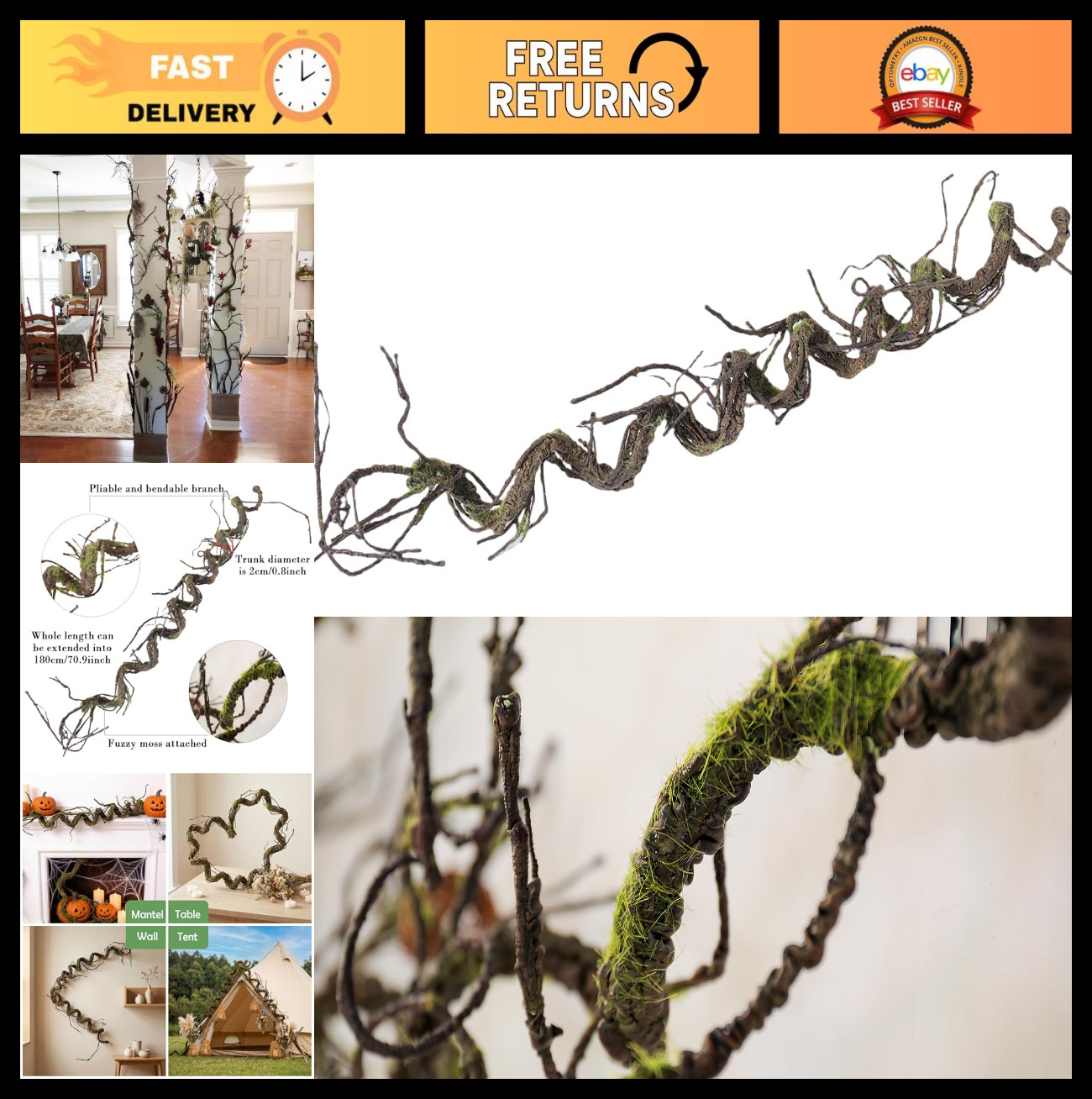 71″ Twisting Faux Greenery Grapevine Garland – Woody Branches, Moss, Wall Decor,