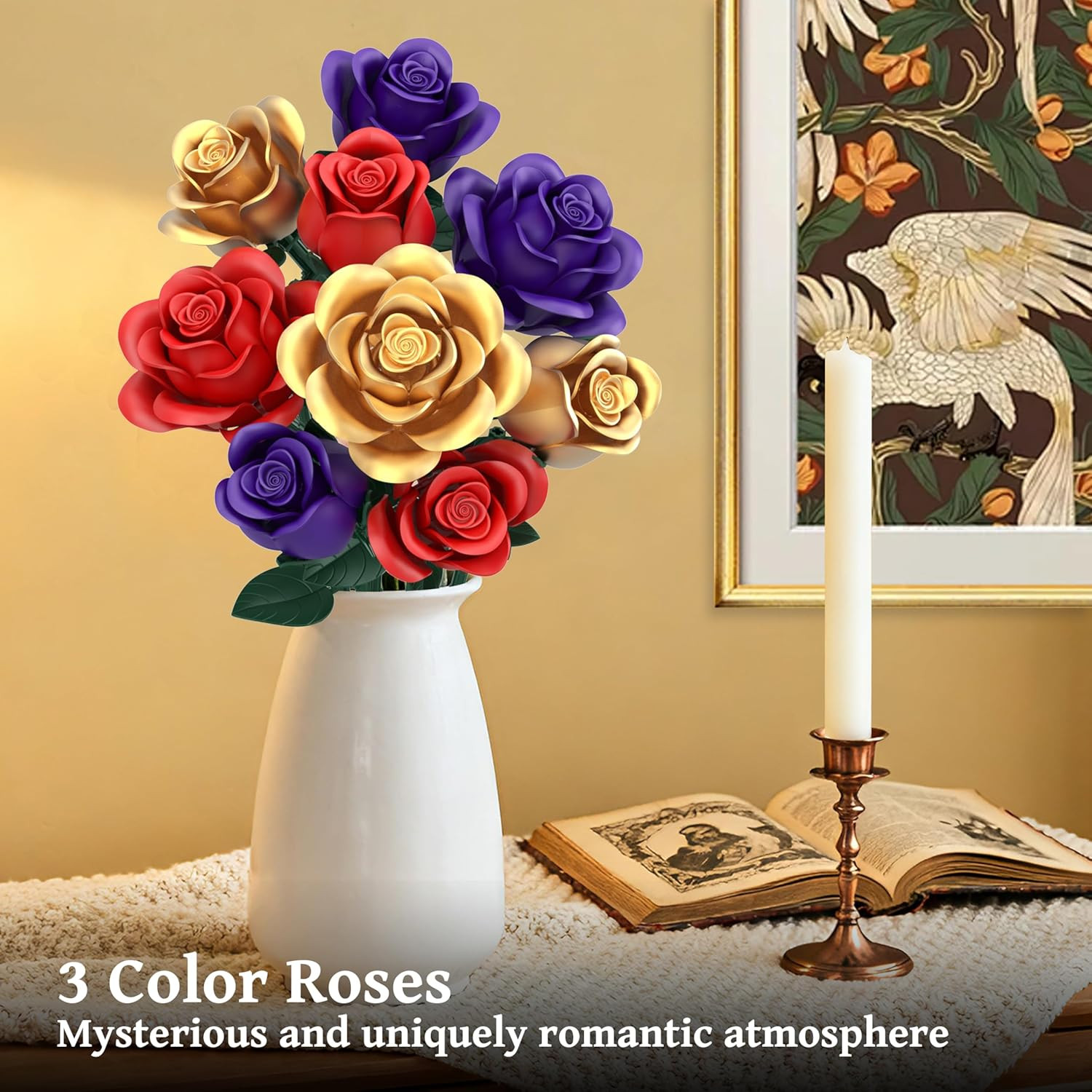 Rose Bouquet Flowers Building Set, 501Pcs Red Purple Golden Roses Artificial Flo