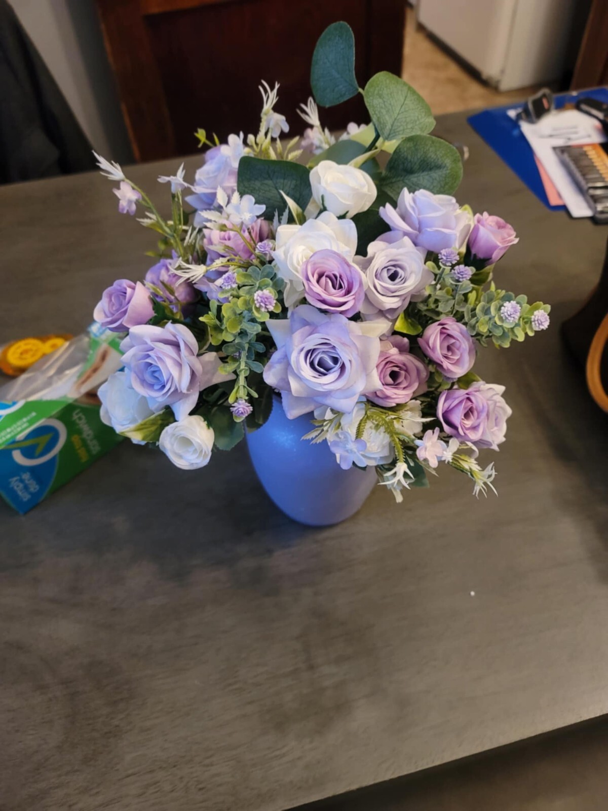 12″ Lavender Lilac & White Rose Bouquet with purple flower bush and greenery