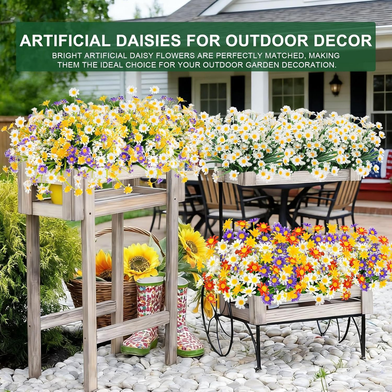 8 Bundles Artificial Daisy Flowers for Outdoors Summer Decor, UV Resistant No Fa