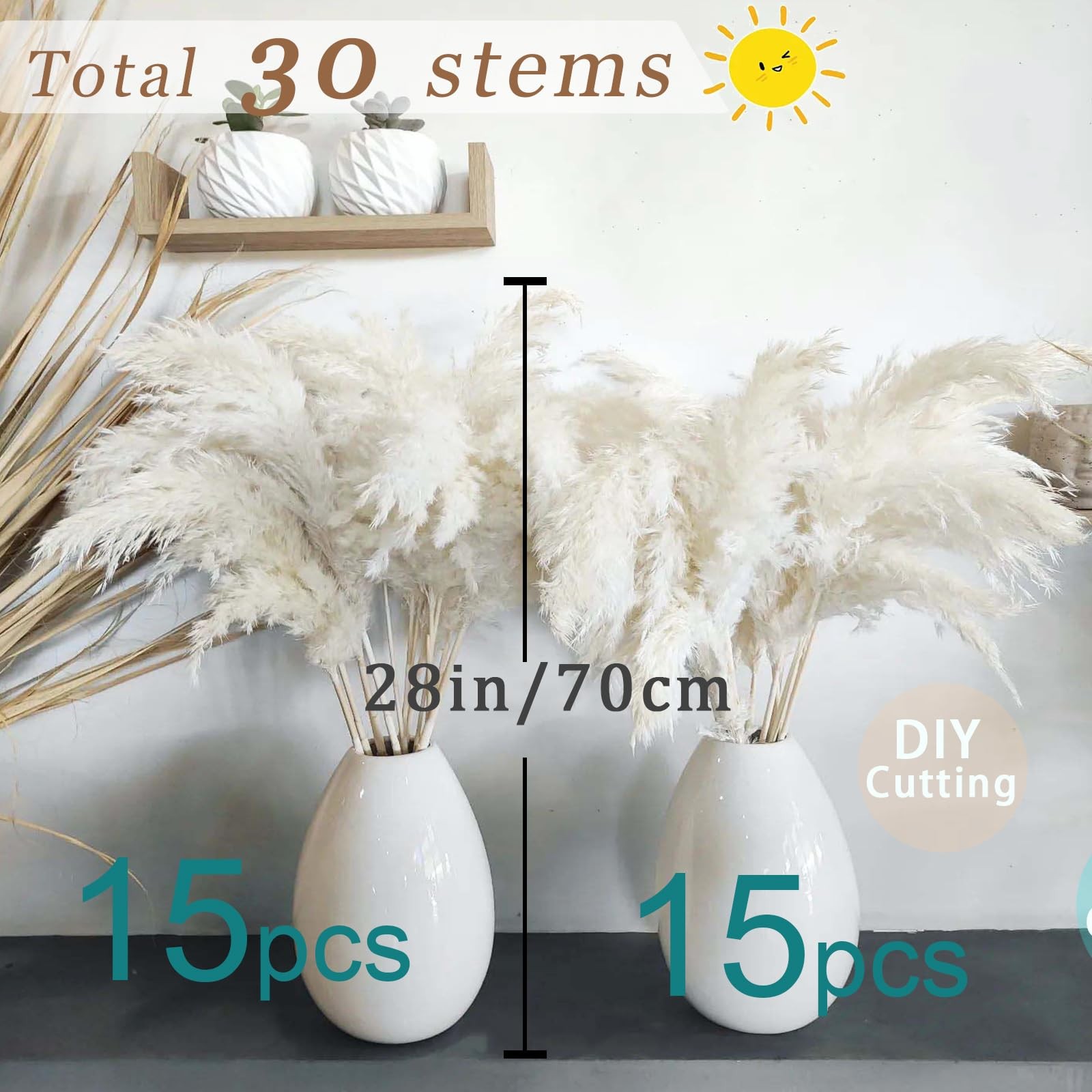 30 Stems 28″ inch Large White Pampas Grass Fluffy, Boho Home Decor, Natural F…