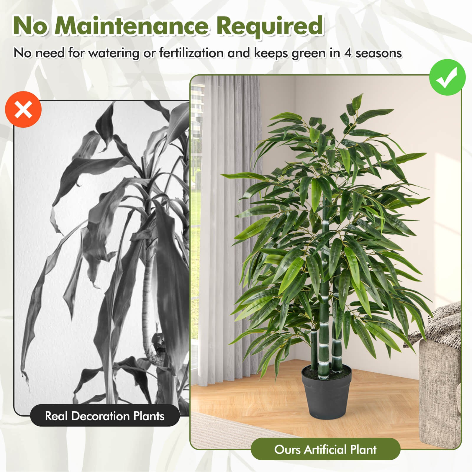 50″ Tall Artificial Potted Tree w/3 PE Bamboo Trunk Flush Leaves Realistic Soil