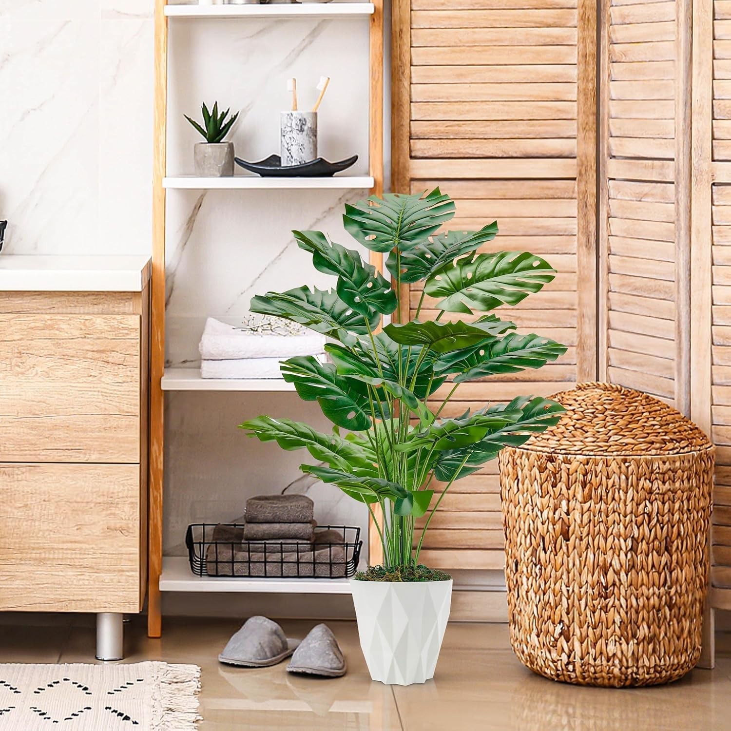 28″ Fake Plants Large Artificial Monstera Faux Plants Indoor with White Pot for