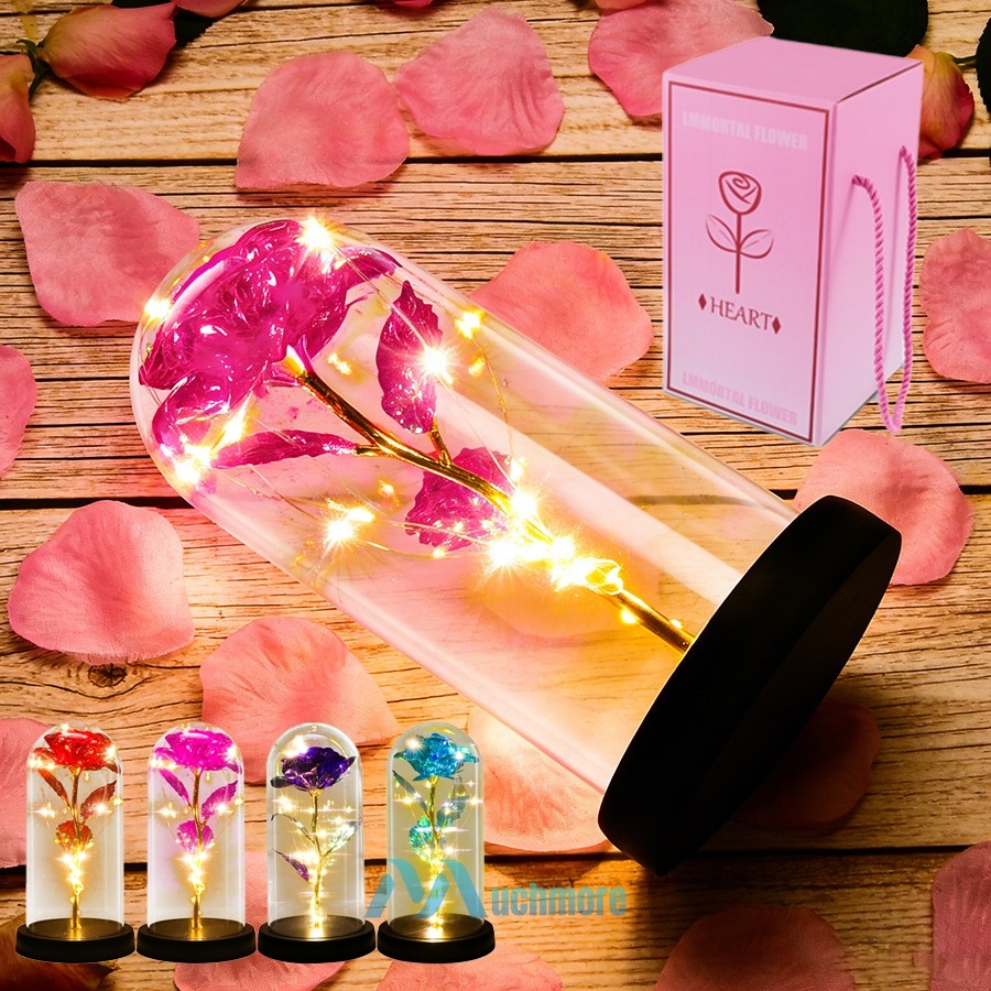 Preserved Eternal Galaxy Rose Flower In Glass Dome with LED Light Gift for Her