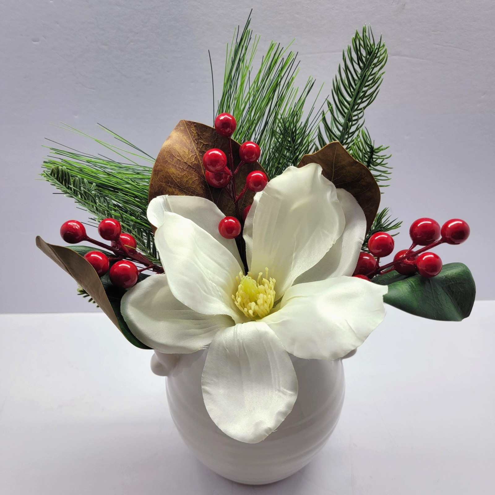 Farmhouse Magnolia Pine Berry Faux Floral Arrangement White Ceramic Vase Decor