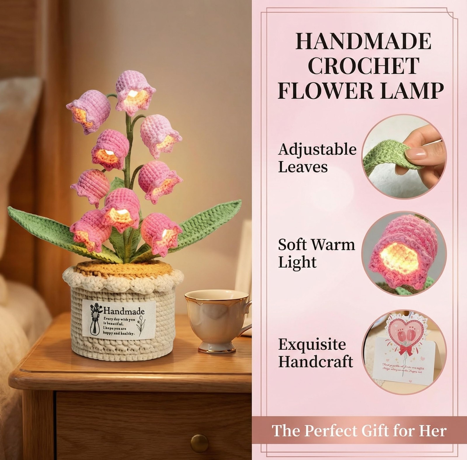 Handmade Crochet Lily of The Valley Lamp – 9 Night Light for Desk or Bedside,…