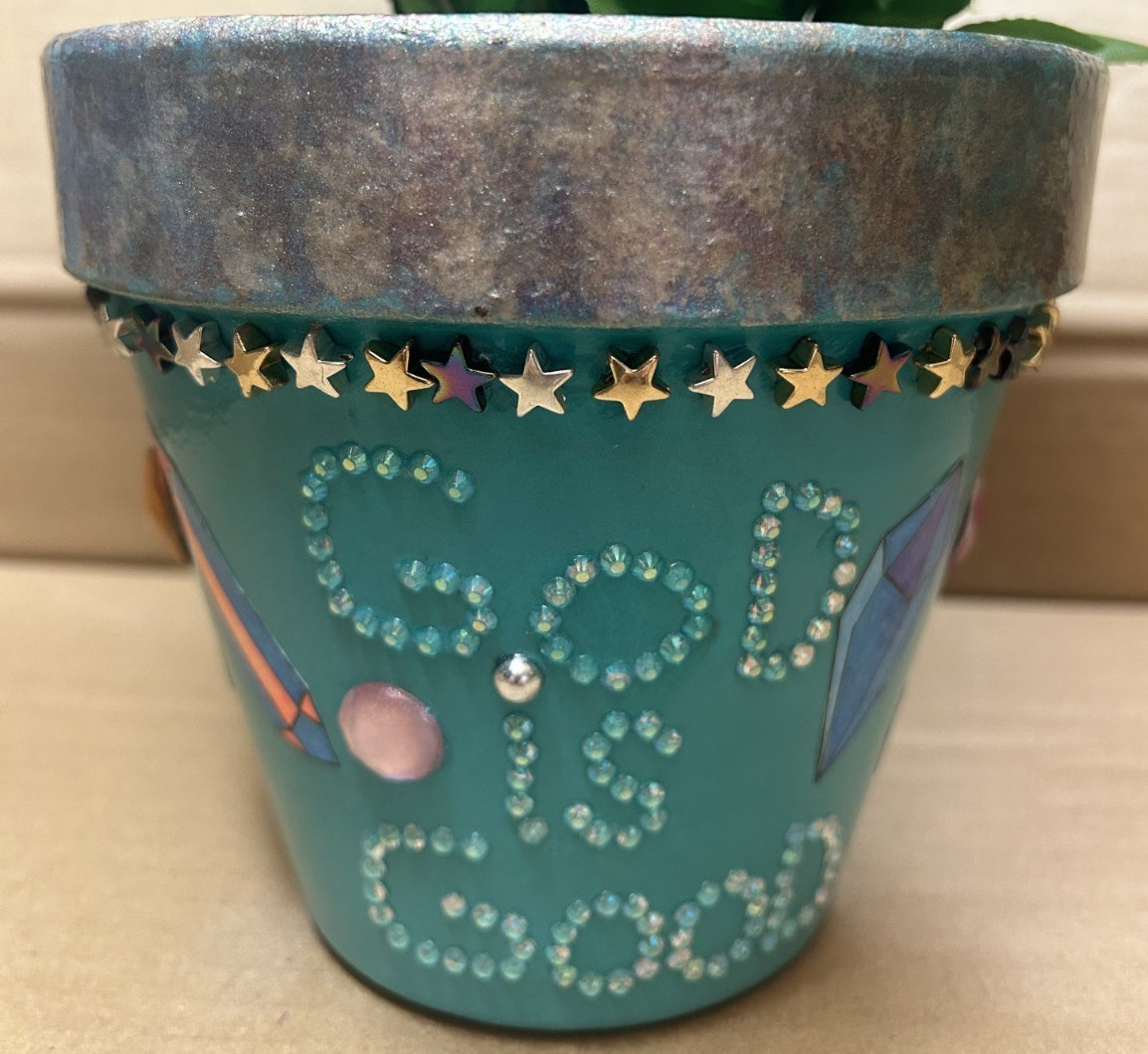 Flower pot “God is Good” blue/silver/ 1 of a kind handmade beautiful Flower pot