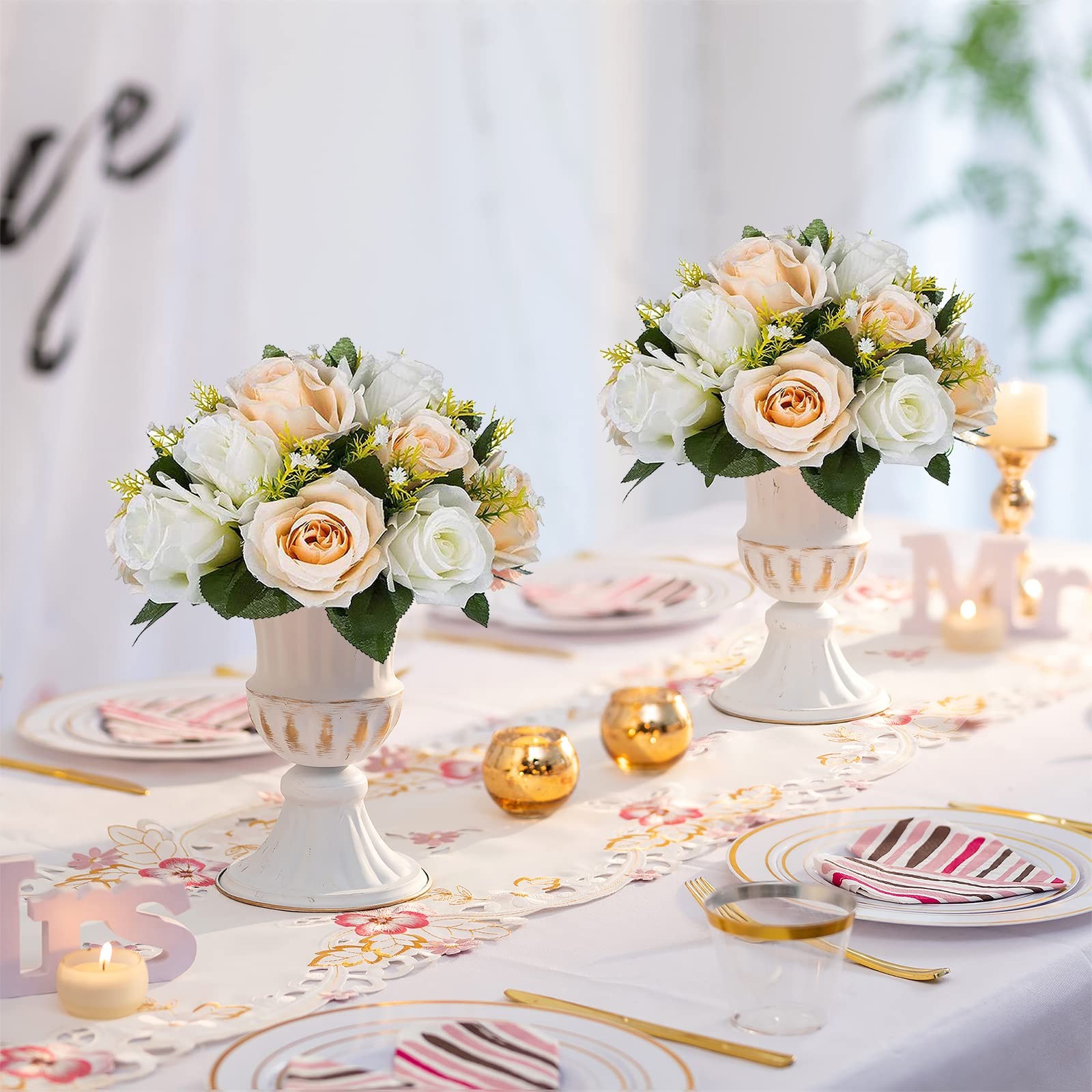 Champagne White Artificial Flower Bouquet 10pcs Lifelike Silk Flowers 25cm
