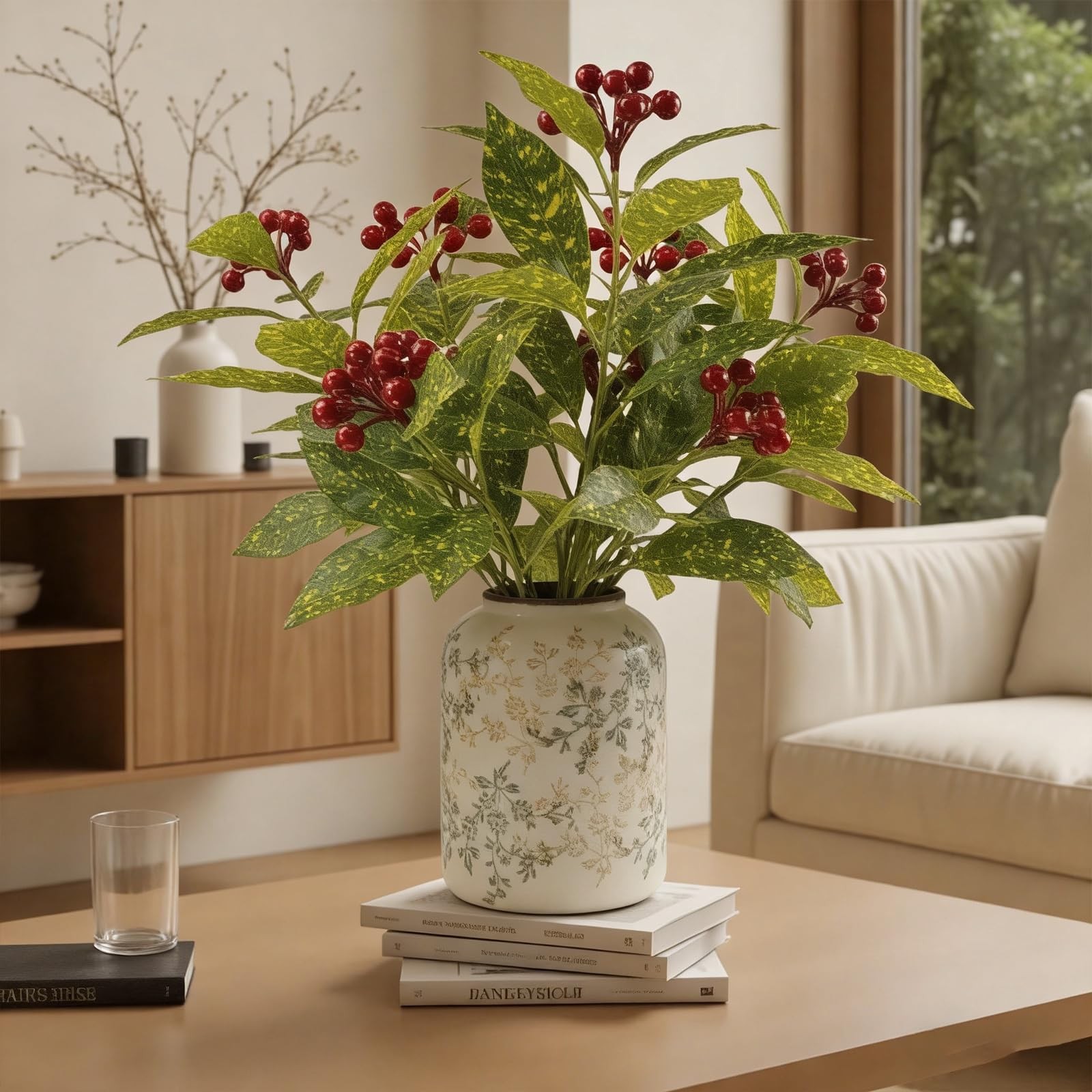 3 Pcs Artificial Greenery Plants, 18″ Faux Christmas Red Berry Plants Stems f…
