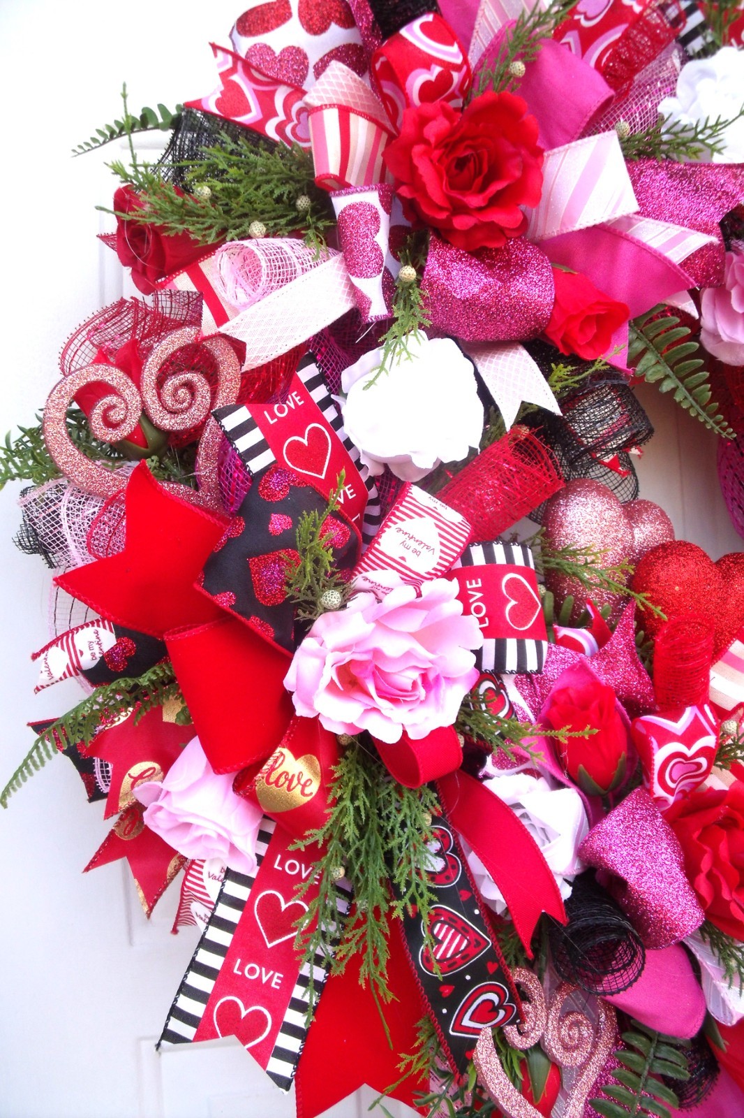 Valentine Ribbons & Roses Wreath-Hearts-Greenery, Reds/Pinks/White-Door or Wall