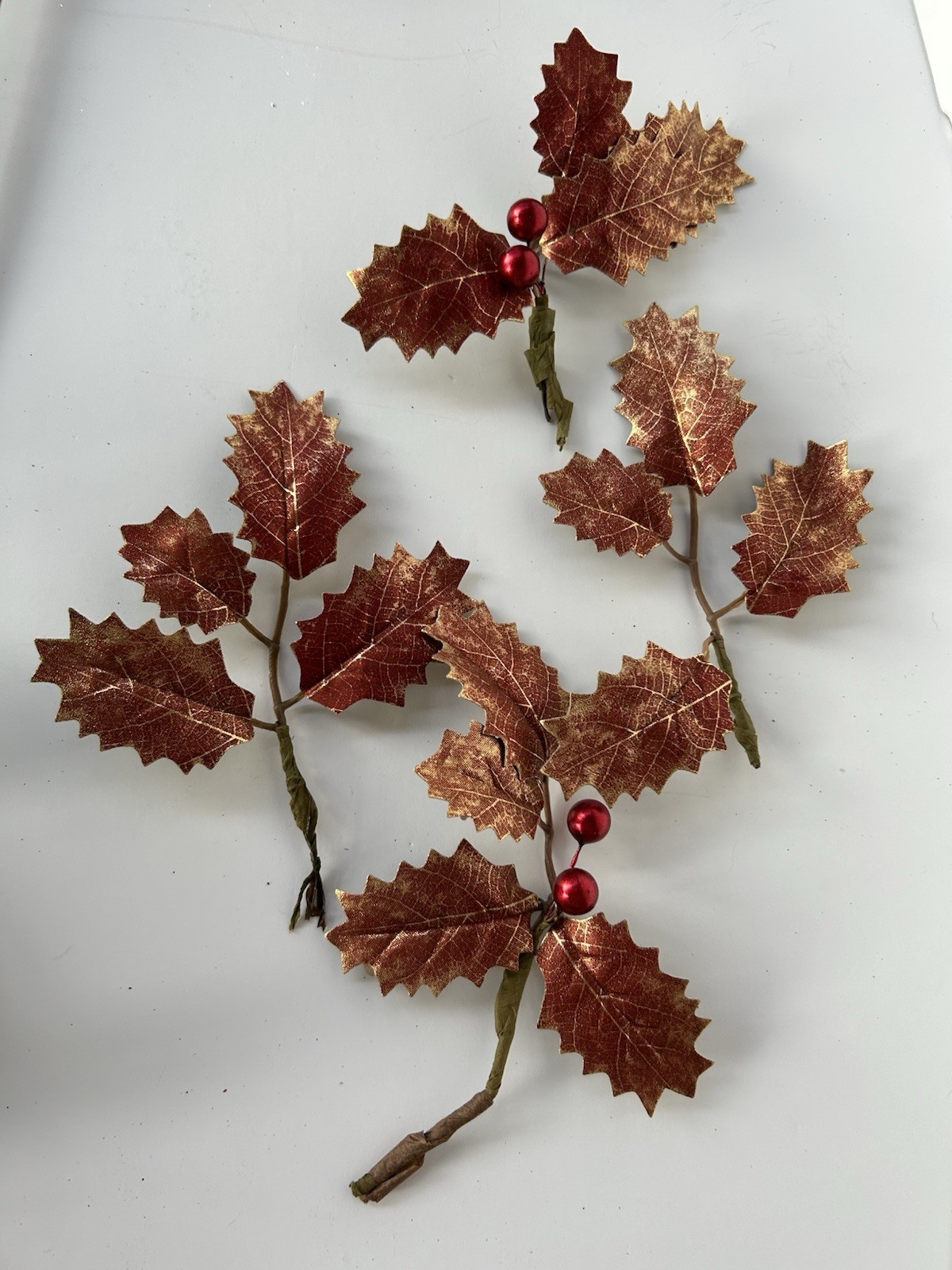 Copper Red Holly Spray 25″L Metallic Leaves Berries Stem Artificial Christmas