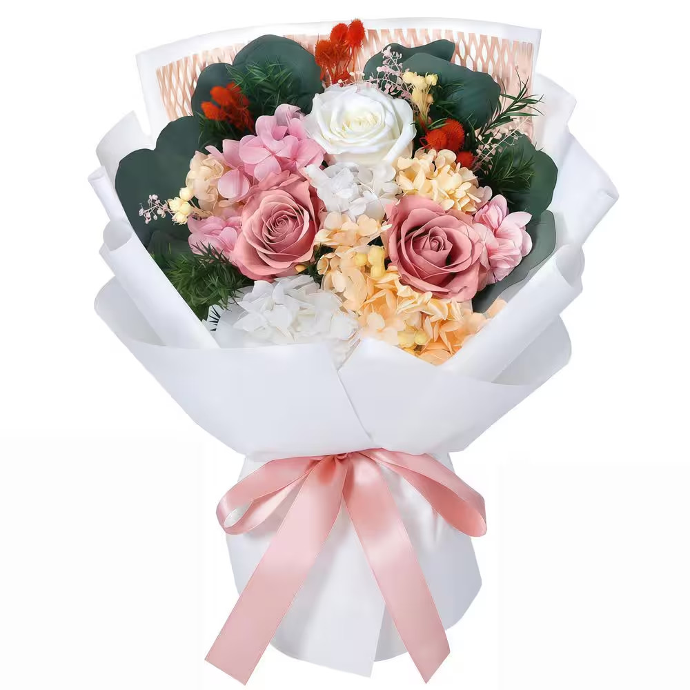 13.4 In. Light Pink Artificial Preserved Rose Bouquet-Includes Gift Box and Gree