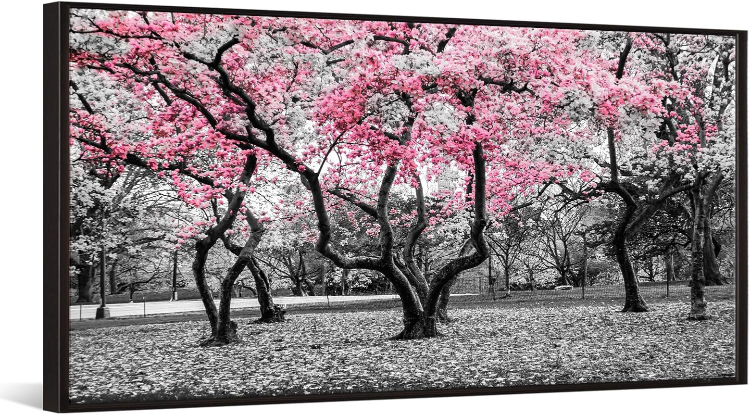 Cherry Blossom Trees Canvas Art with Black Floater Frame – NYC Park Decor