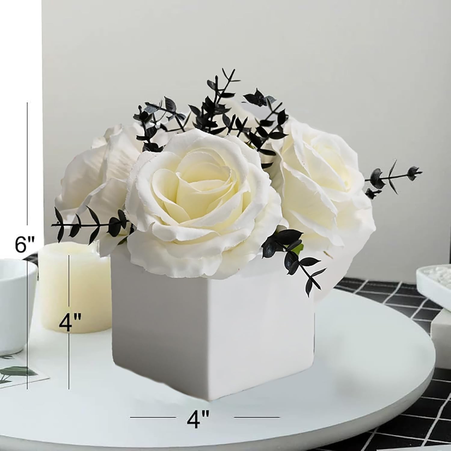 White Rose Artificial Flowers Vase Black Eucalyptus Faux Floral Modern Decor