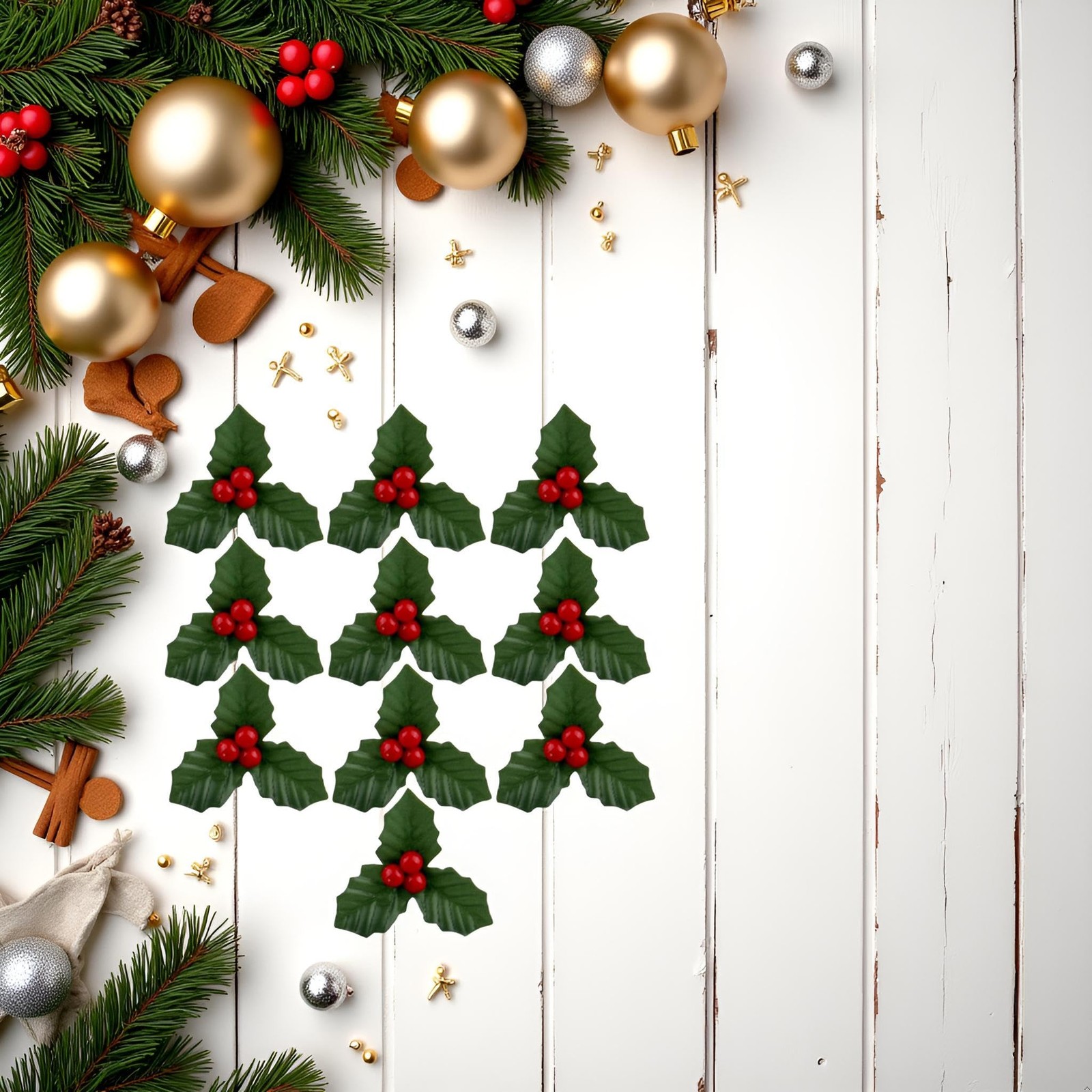 10Pcs Christmas Holly Berries Faux Flowers with Leaves Xmas Picks Wreath Bran…