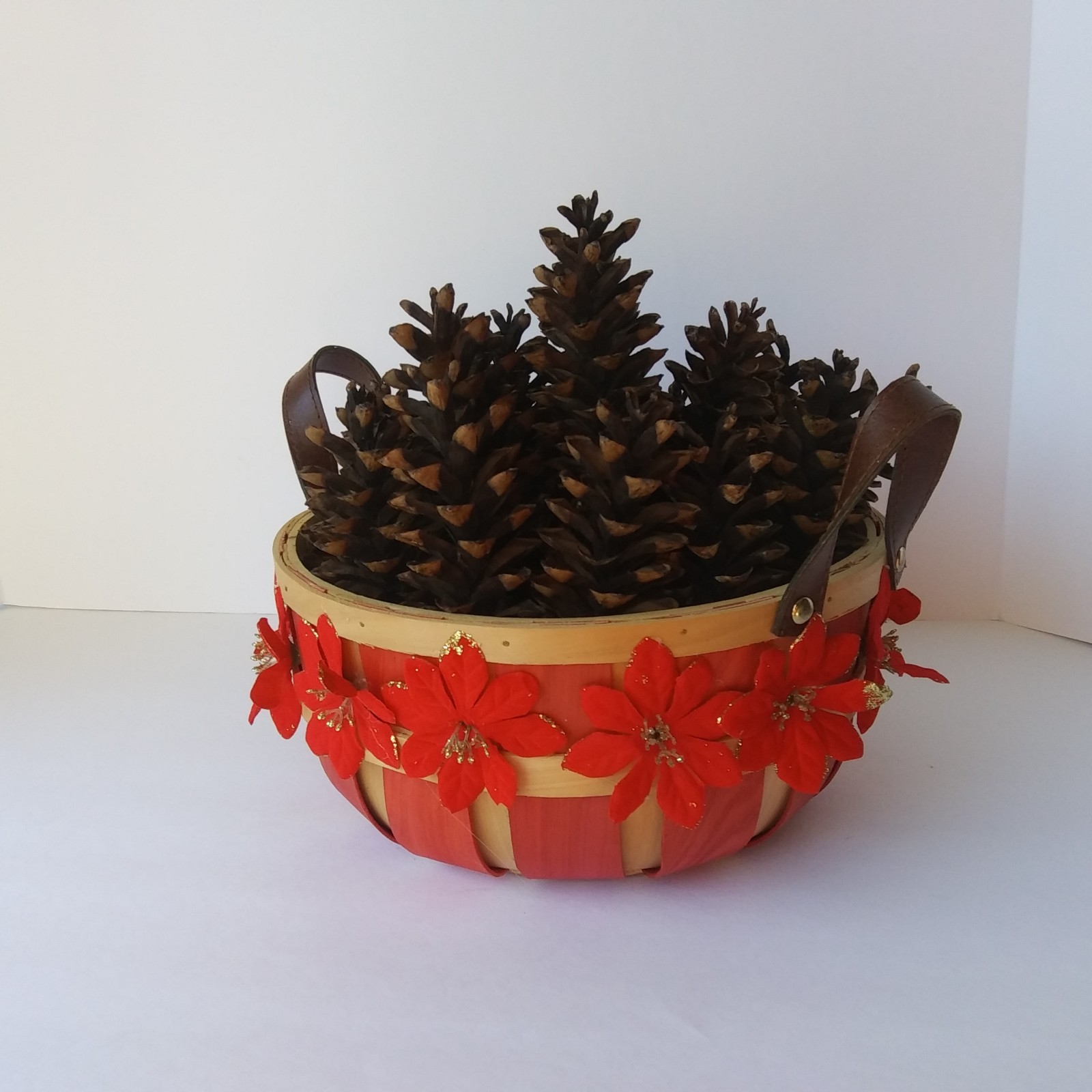 Rustic Pinecone Basket Centerpiece with Red Flowers – Fall or Christmas Décor
