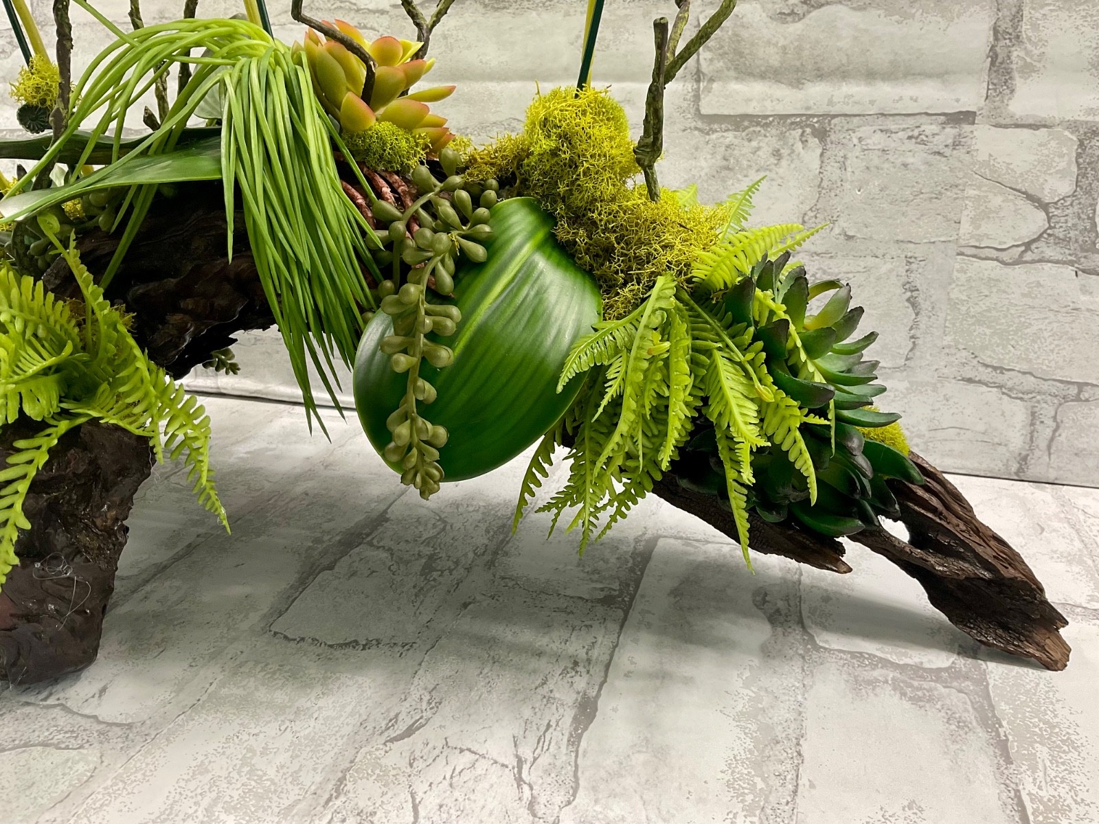 Large Driftwood Orchid Arrangement, White Real Touch Orchids Succulents 28’x17′