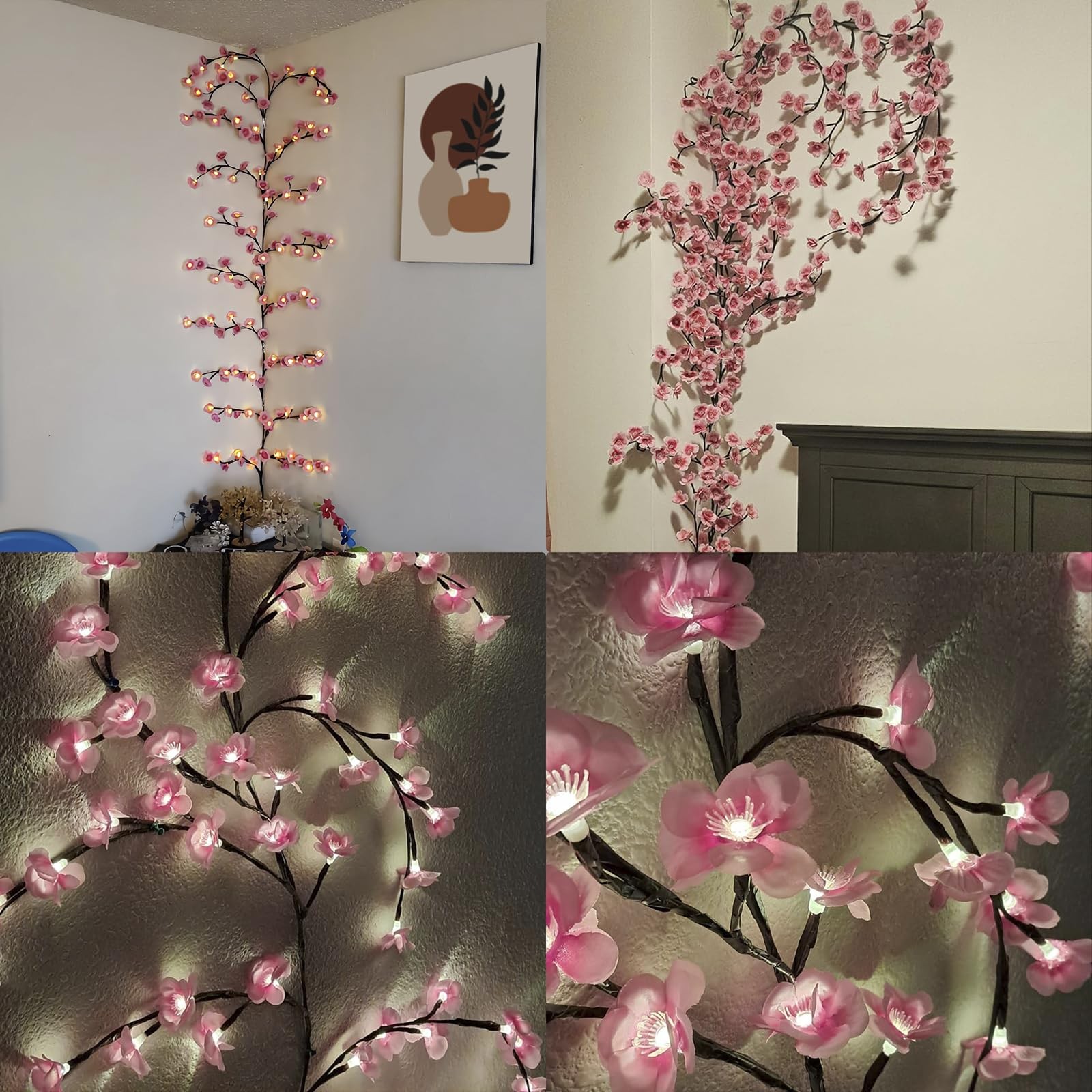 Cherry Blossom Vine Lights for Wall, 4FT 48 LED Pink Flower Lighted Willow Vi…