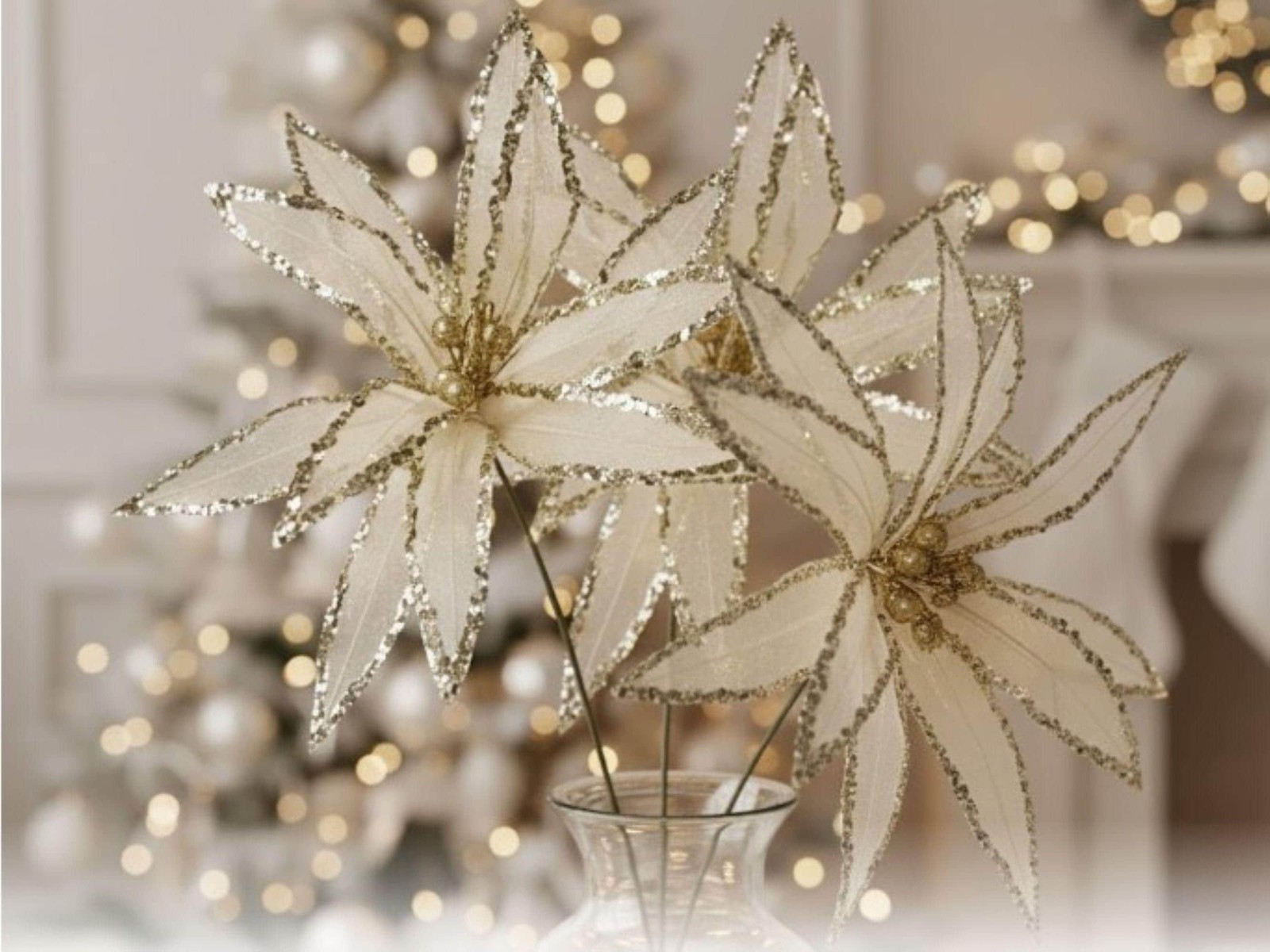 Glitz Sheer Wired Poinsettia Stem – Ivory/Gold Christmas Holiday Flower Pick