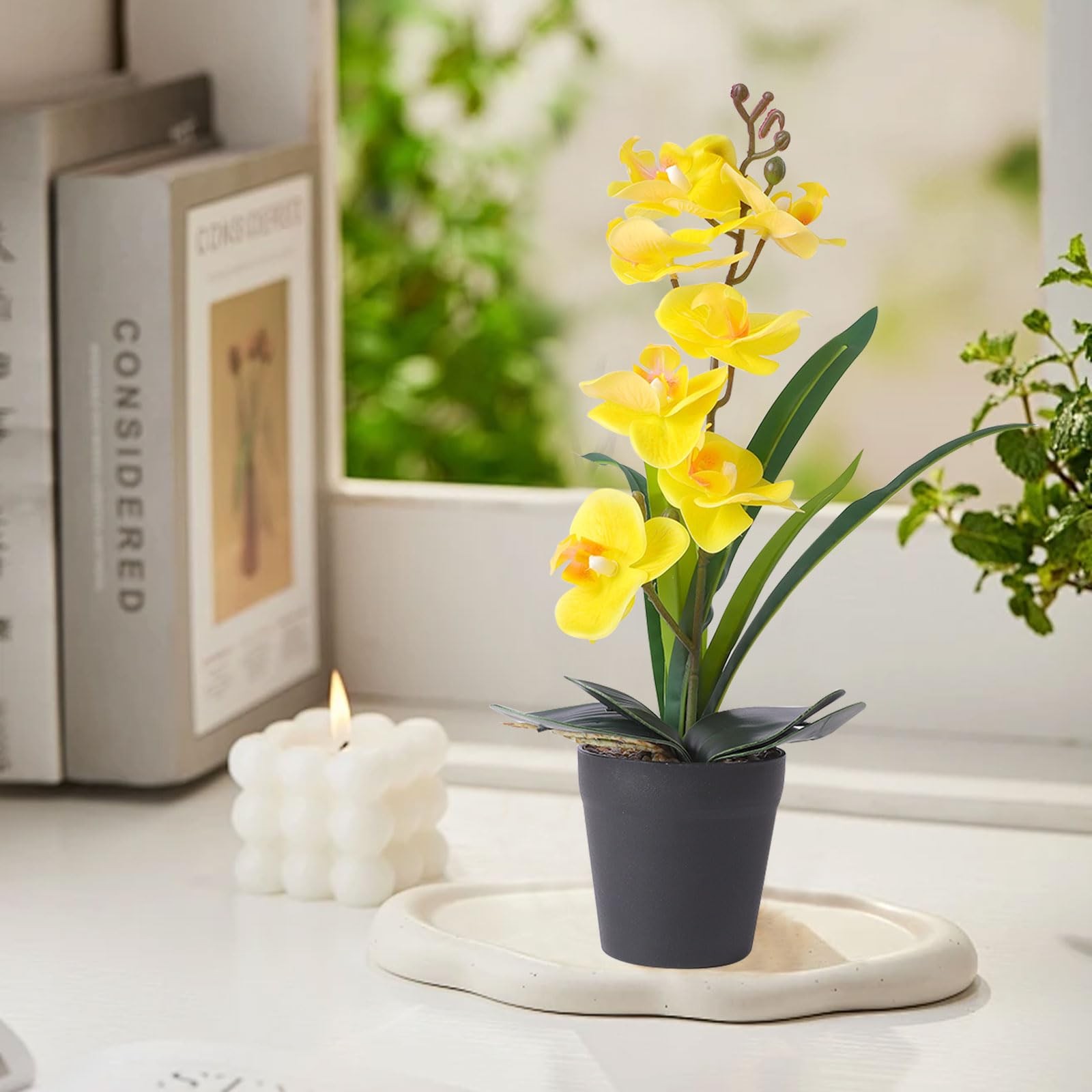 Yellow Real Touch Artificial Phalaenopsis Orchids Flower In Pot Vase Center