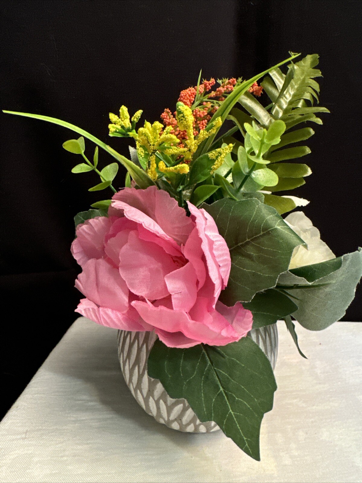 Silk Floral Arrangement Pink Flowers and Green Succulent in a Asian Ginger Jar