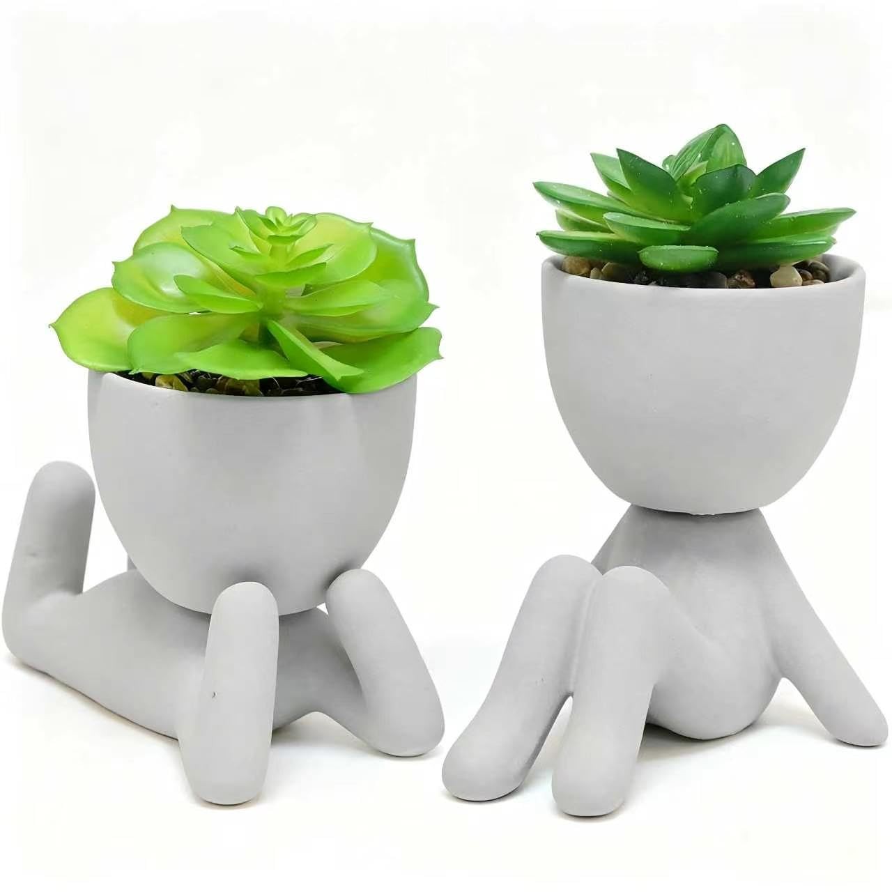 Cute Artificial Succulent Plants Creative Human Shaped Pots Gray 2 PCS
