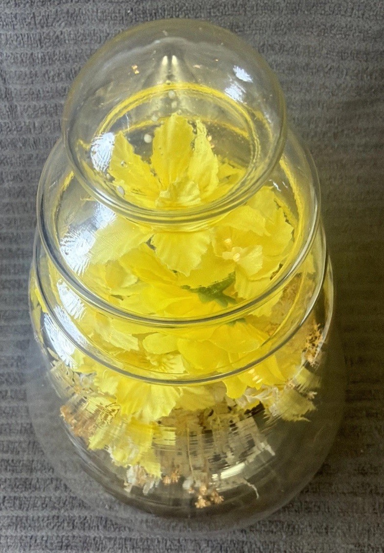 11” MCM Vintage Glass Bell Jar Dome with Yellow Floral Arrangement on Wood Base