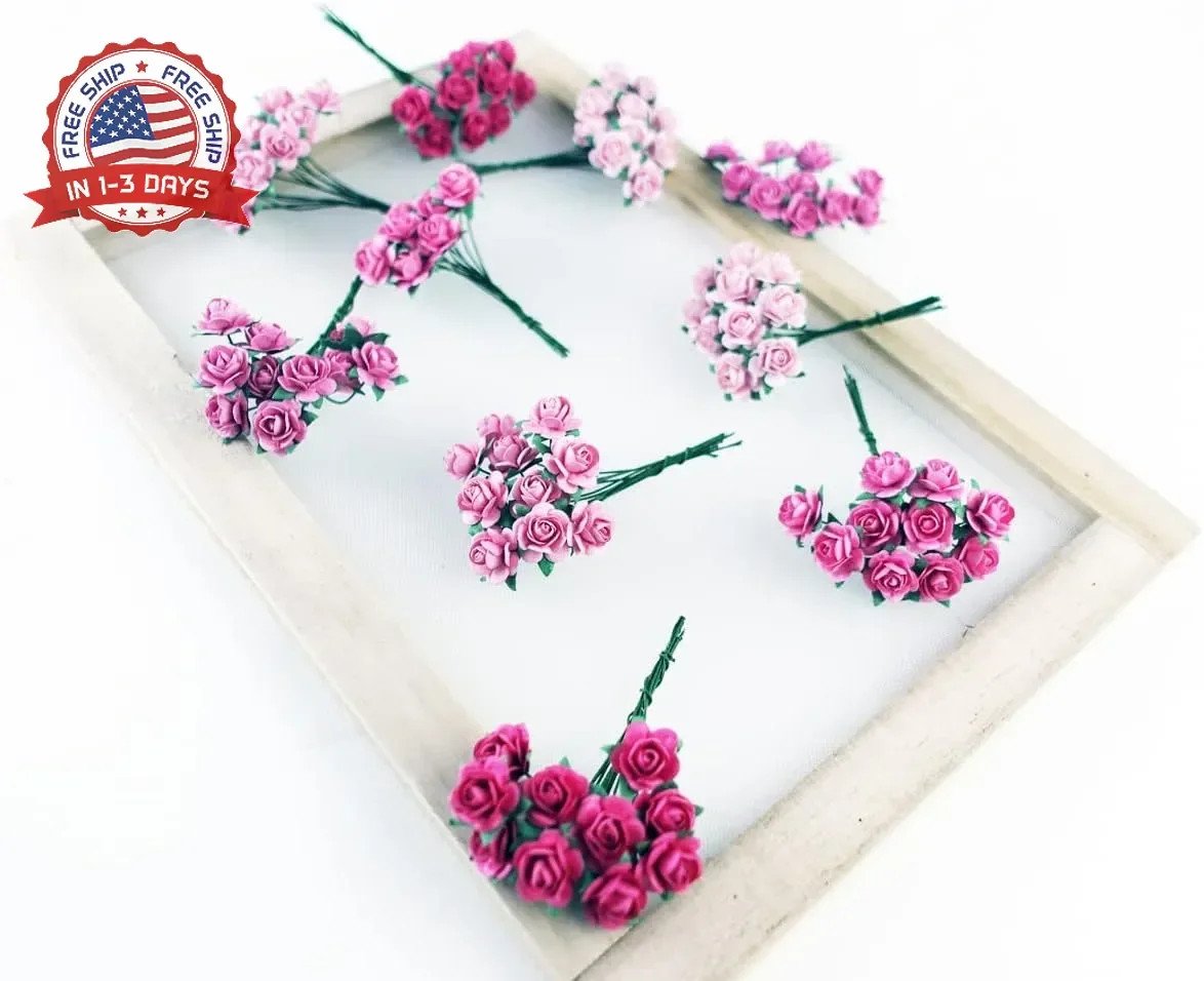 100 pcs Tiny Artificial Roses Mixed Pink Five Color Mulberry Paper Flower 15-18