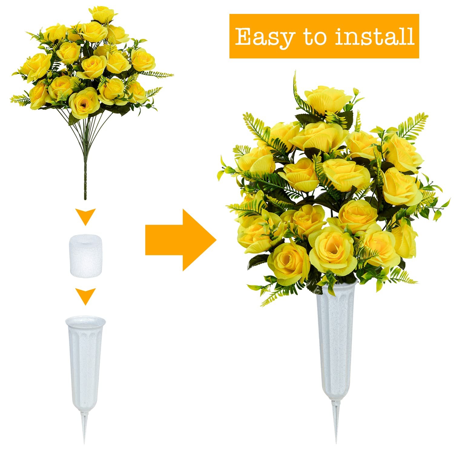 Artificial Cemetery Flowers with Vase, Set of 2 Yellow Rose Bouquets for Head