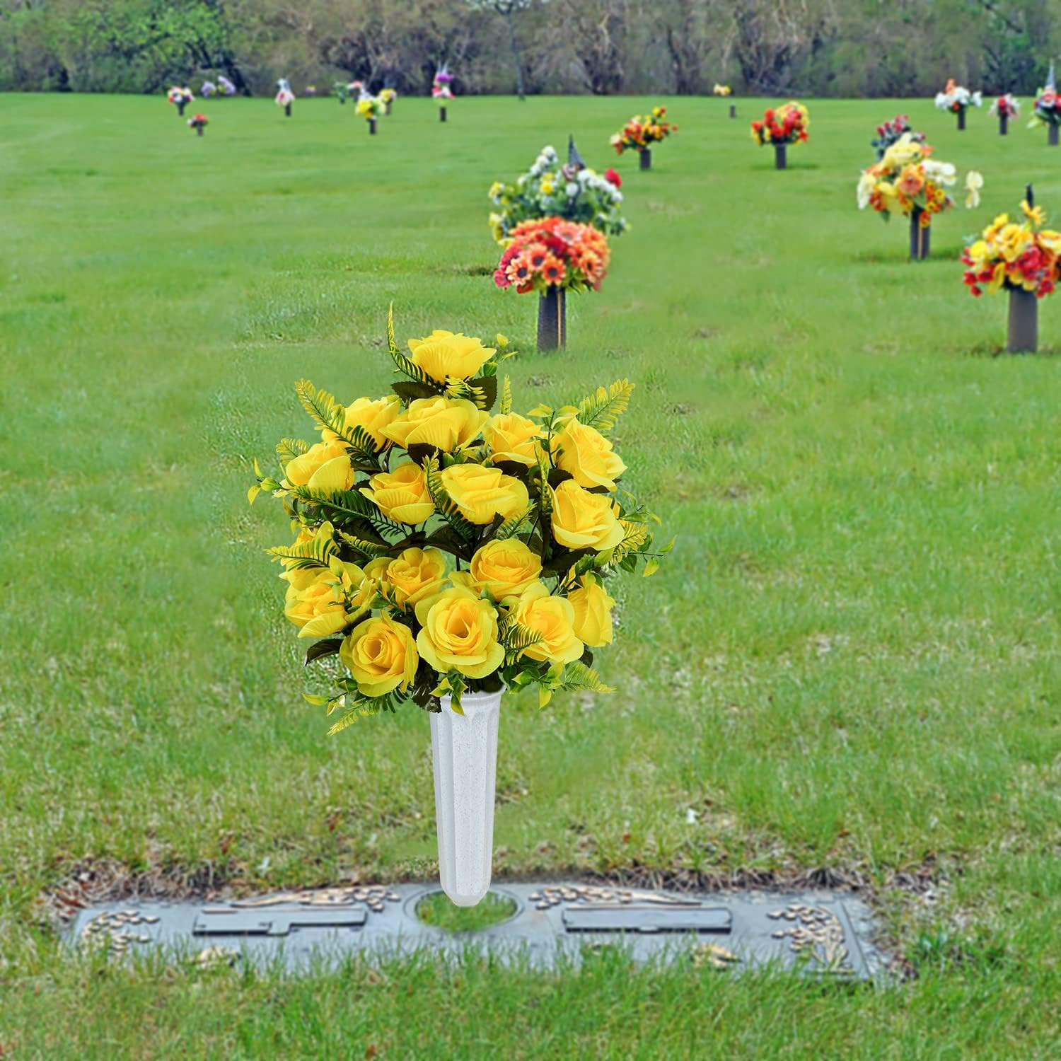 Artificial Cemetery Flowers with Vase, Set of 2 Artificial Rose Bouquet Graveyar