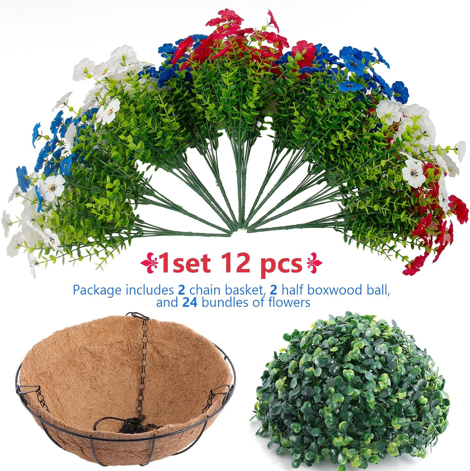 2 Pack Patriotic Hanging Flower Baskets for 4th of July Decor- Red, White, Blue