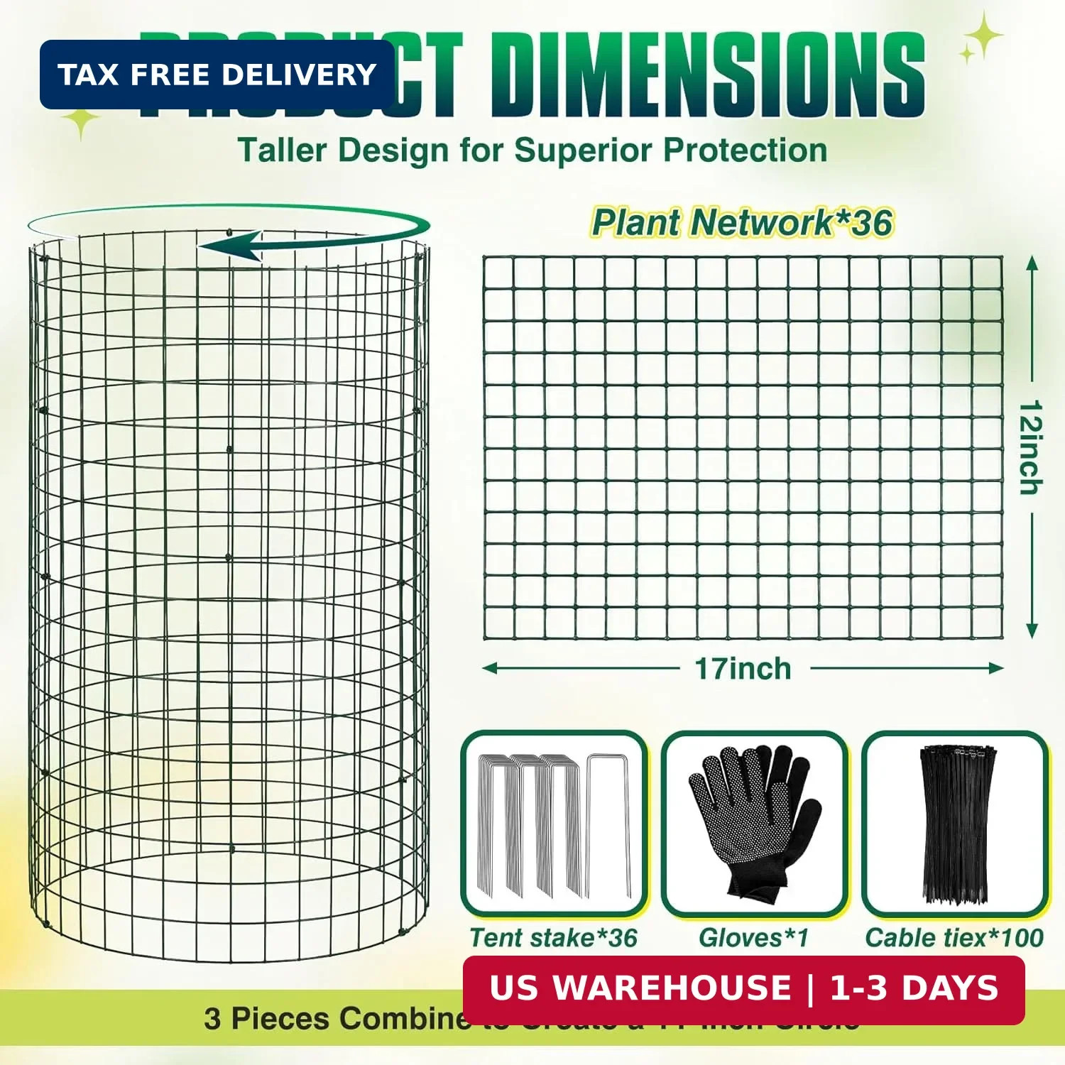 12 Pack 17″ x 12″ Tall Round Plant Cage – 36PCS Plant Support Cage Metal Wire Me