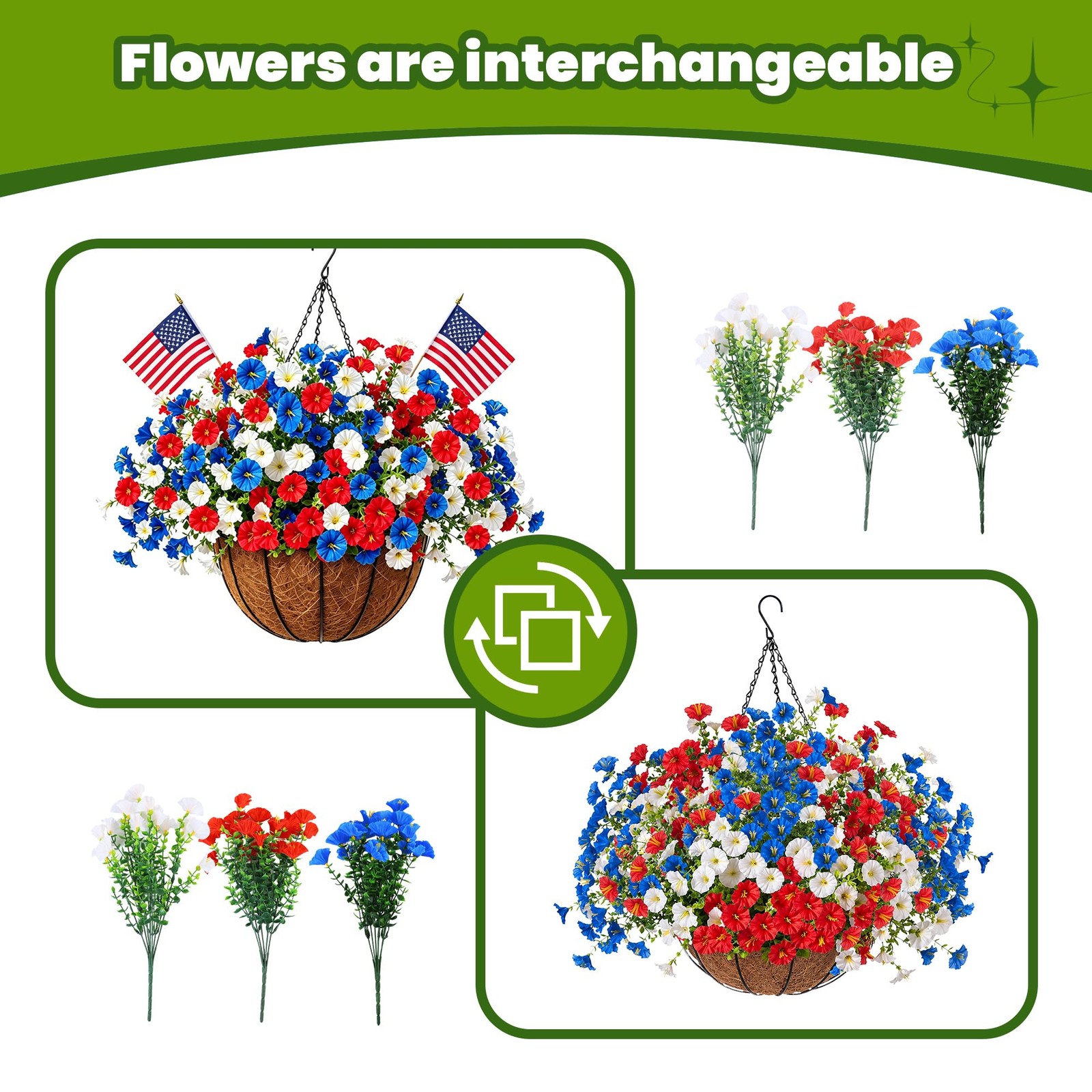 Artificial Hanging Flower Baskets, Red, White, and Blue Patriotic Faux Flower…