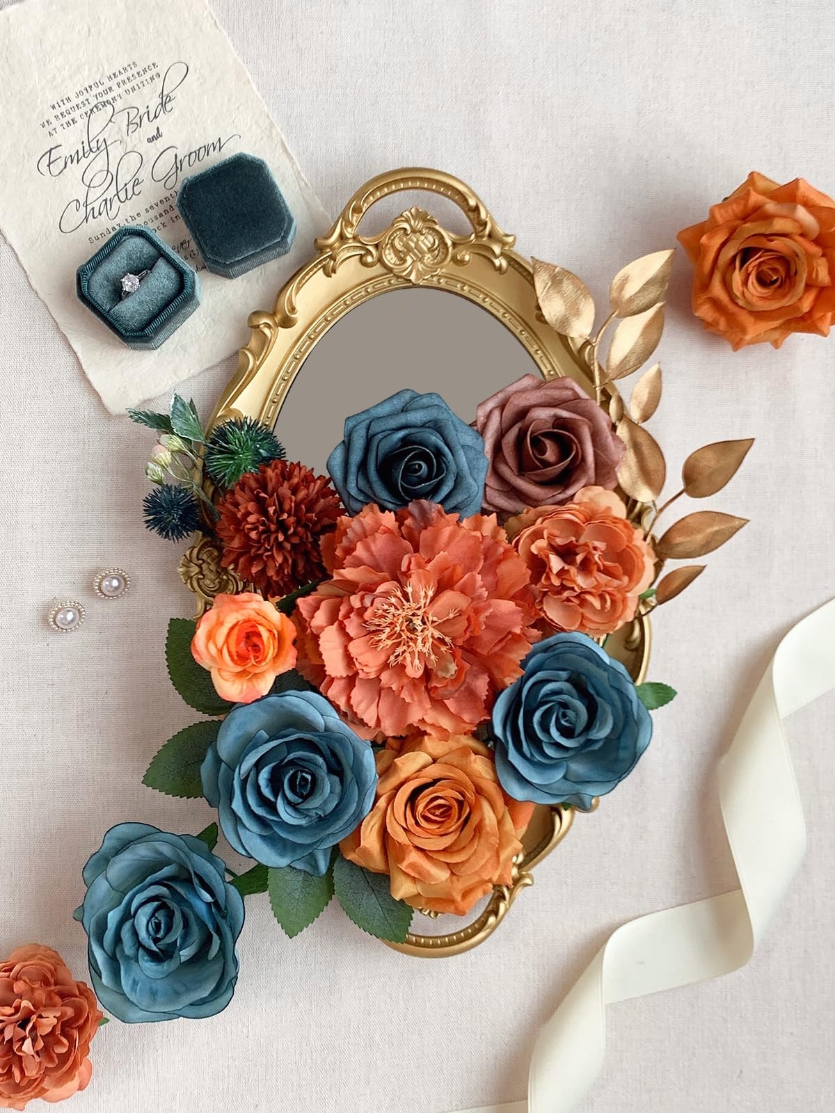 Artificial Roses Bouquet Box Set Fake Flower Wedding Decor Silk Teal Orange
