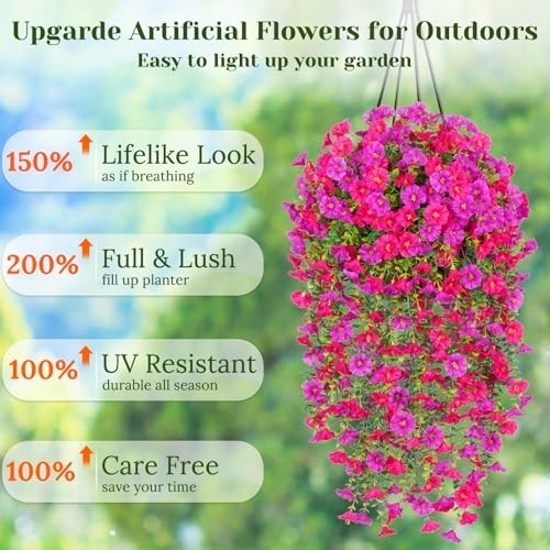 2 Packs Look Real Artificial Flowers for Outdoors, 2 packs Fuchsia+rose Red