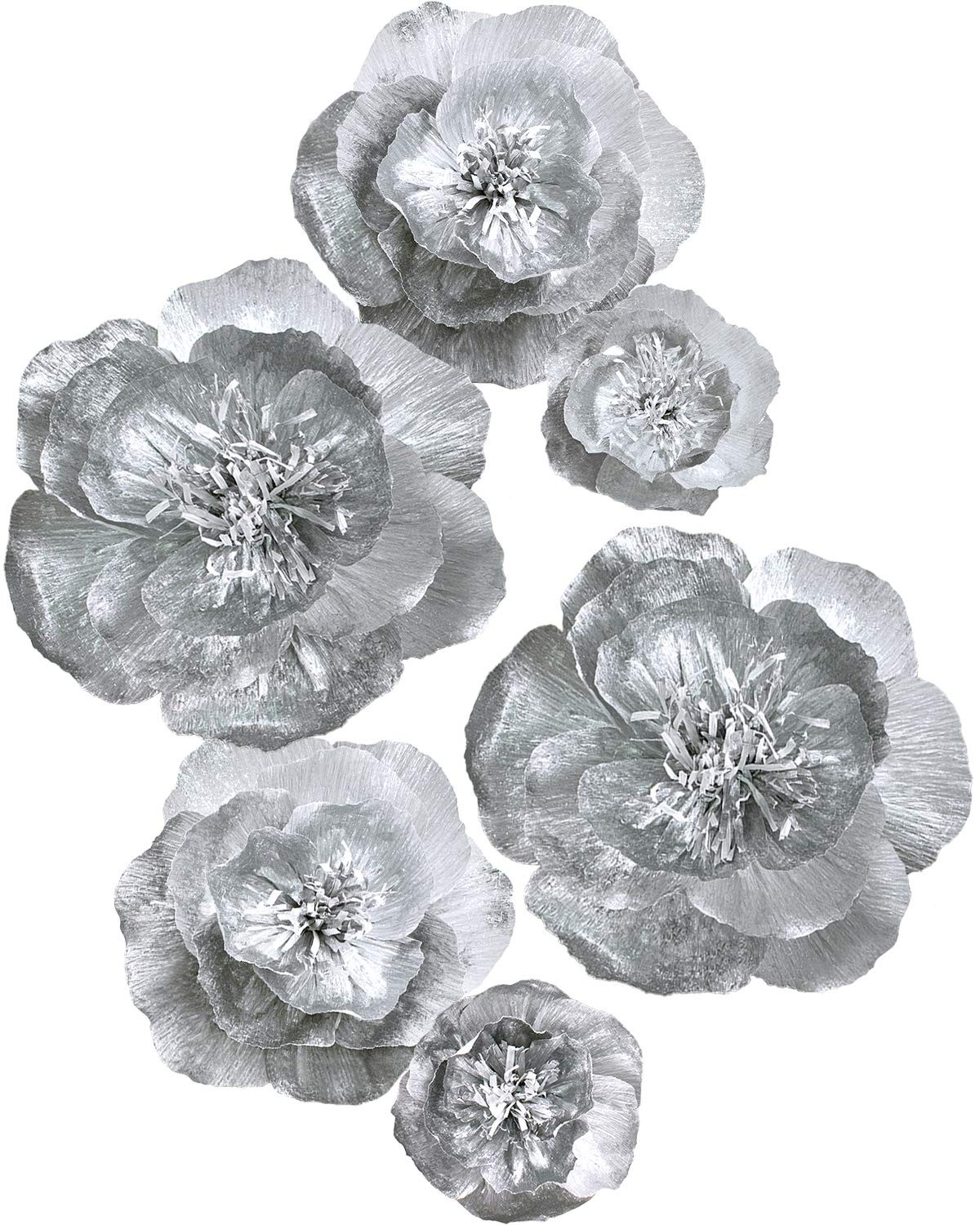 Silver Flowers Decoration for Wall, Set of 6