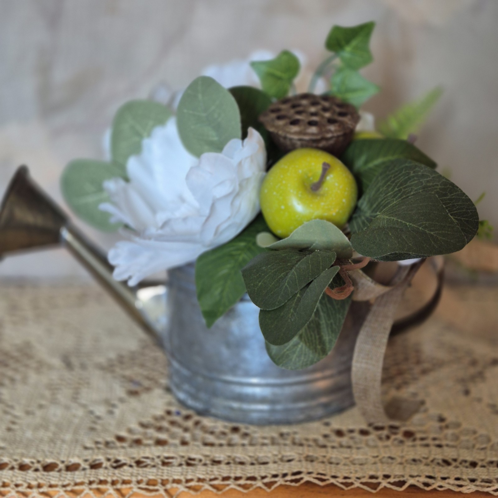Floral Centerpiece, Vintage Metal Watering Can Cottagecore Faux Flowers