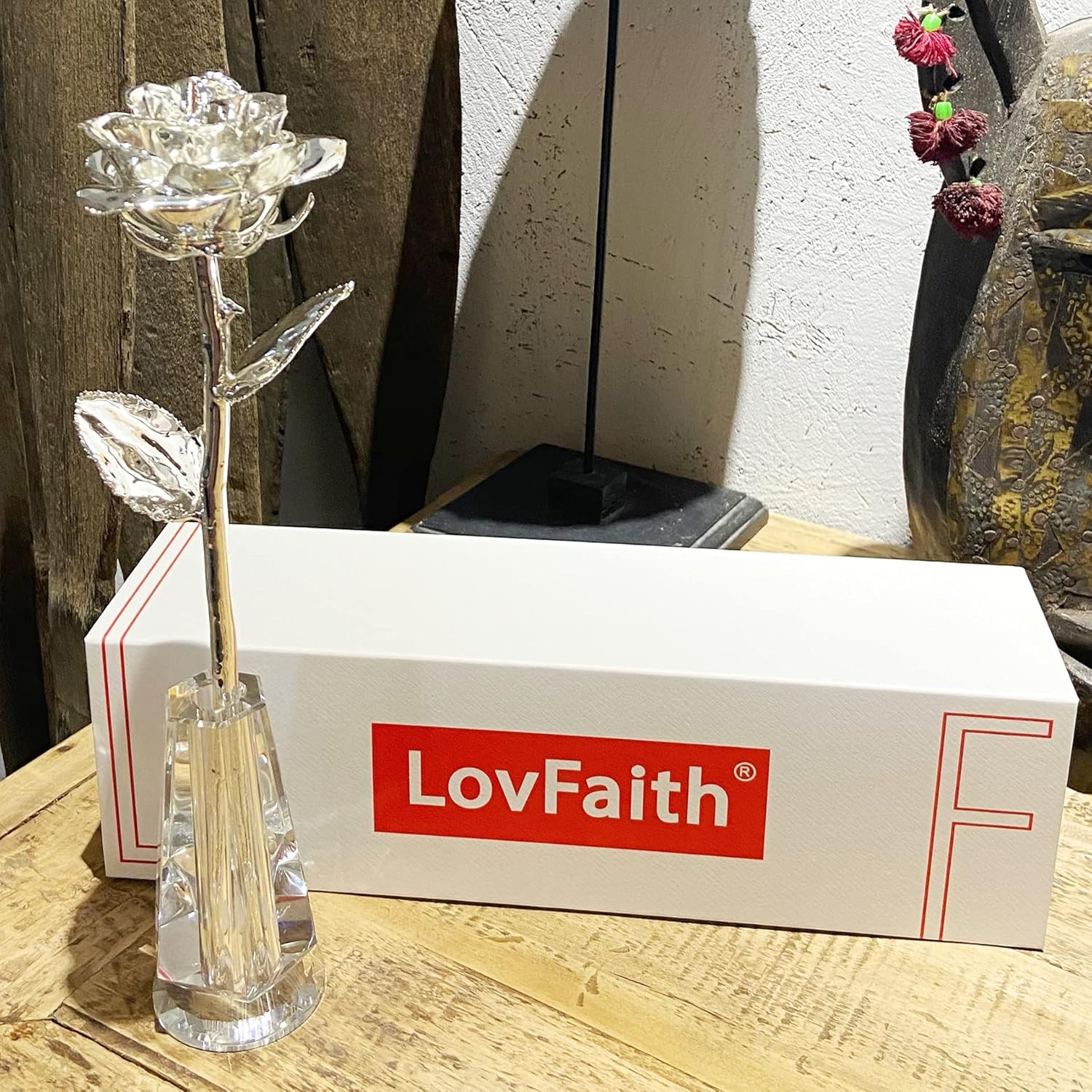 Valentine Gift Real Rose Dipped Thick Sterling Silver with Crystal Stand, Best 2