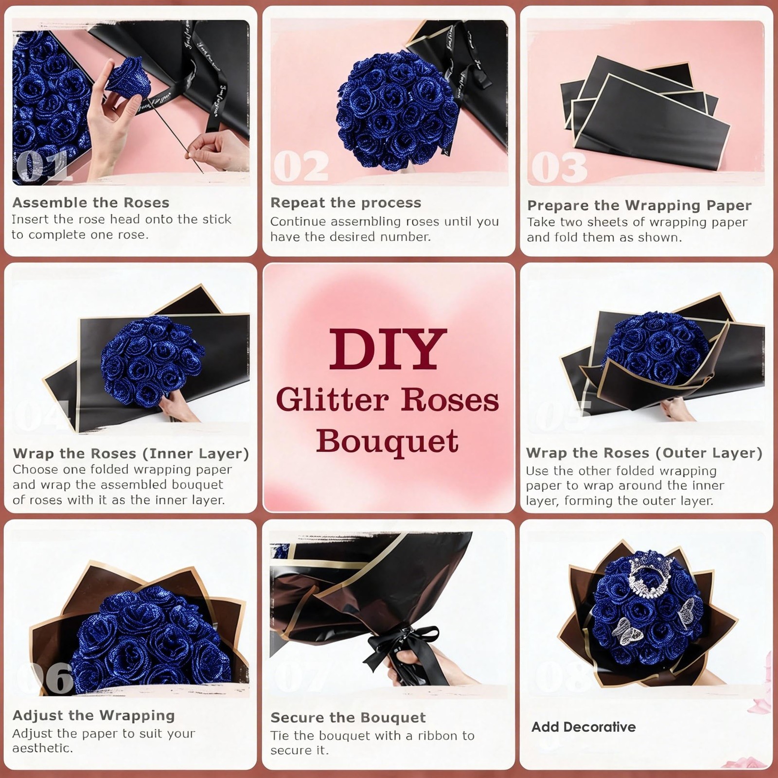 Blue Glitter Roses Bouquet Forever Flowers, 52 Pcs DIY Artificial Glitter Ros…