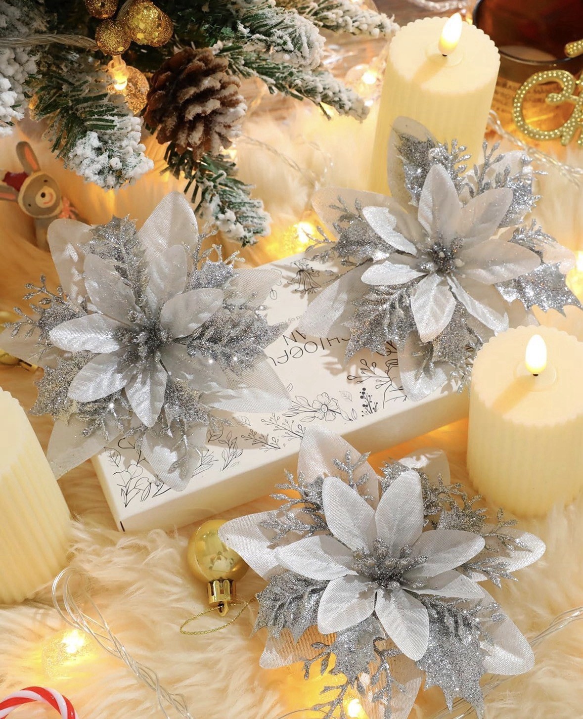 12pc Silver Articial Glitter Poinsettia Flowers Clips & Stems Christmas 5.5in