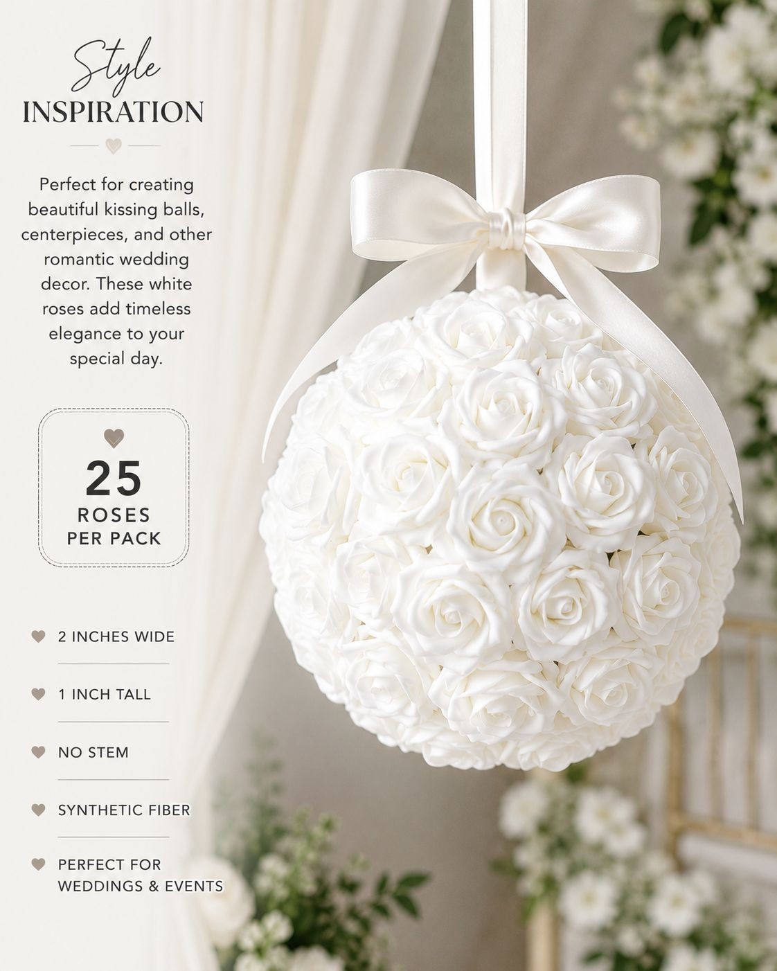 25 White Foam Roses for Crafts Wedding Decor Artificial Rose Heads No Stem DIY W