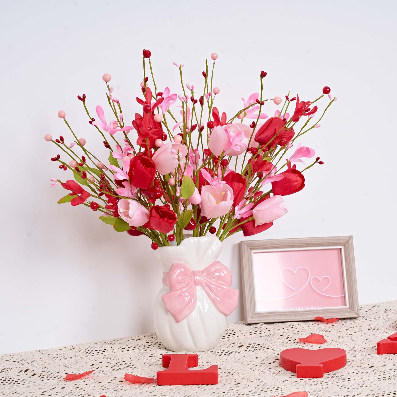 12 PCS Artificial Valentine Decor 17 Inch Pink Picks Red Tulip Berries Wedding