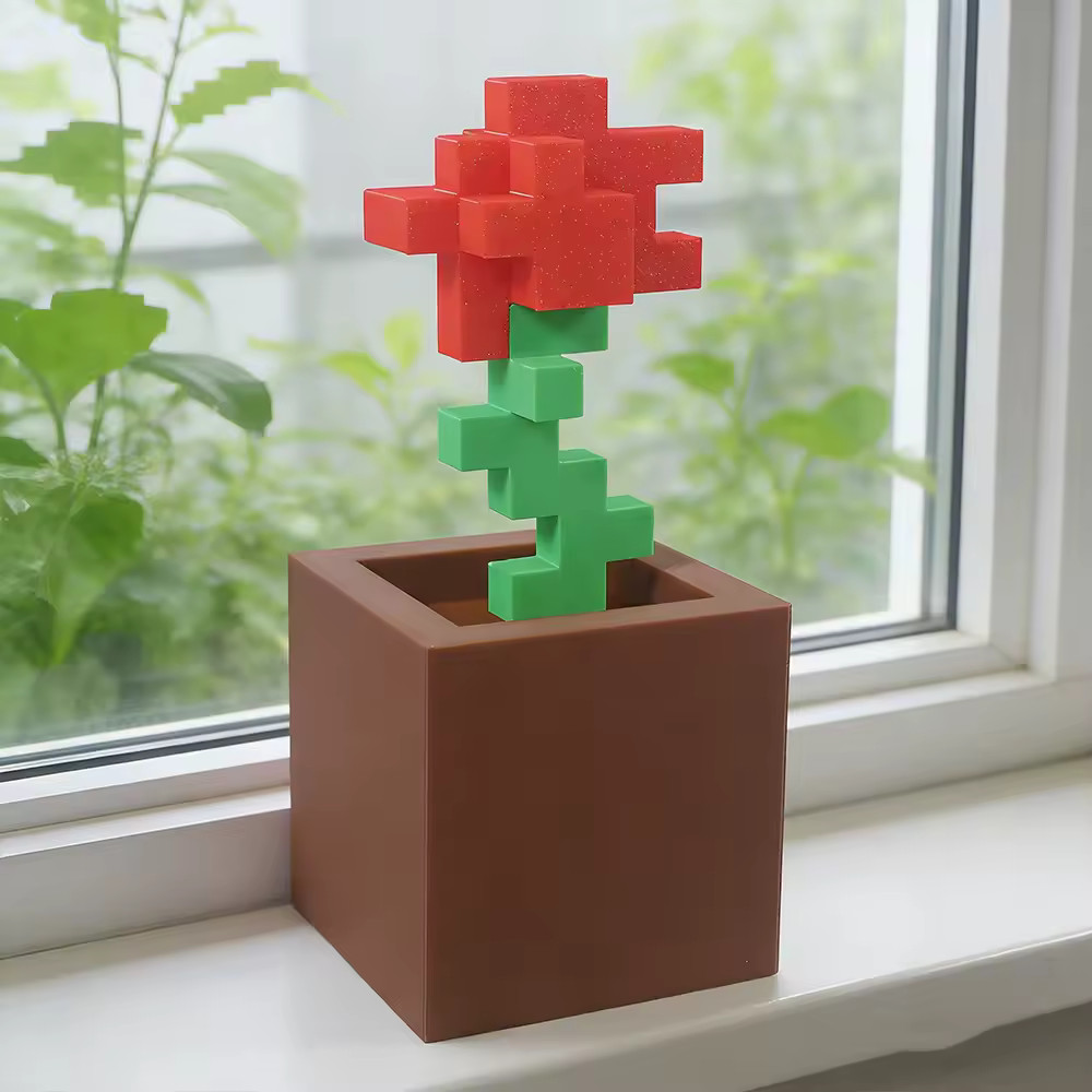 Pixel Rose Flower Ornament 3D Printed Unique Plastic Desktop Decoration Gift