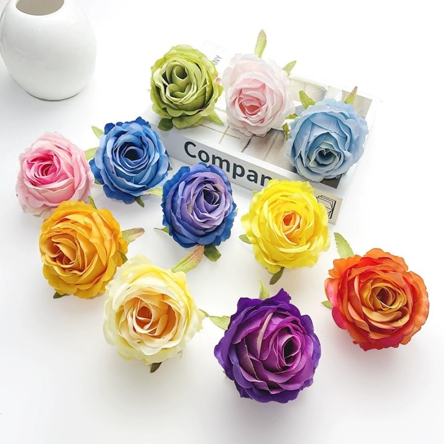 Multicolour 3 Inch Silk Rose Heads With Clips For Crafts Cake Decor 14 PCS