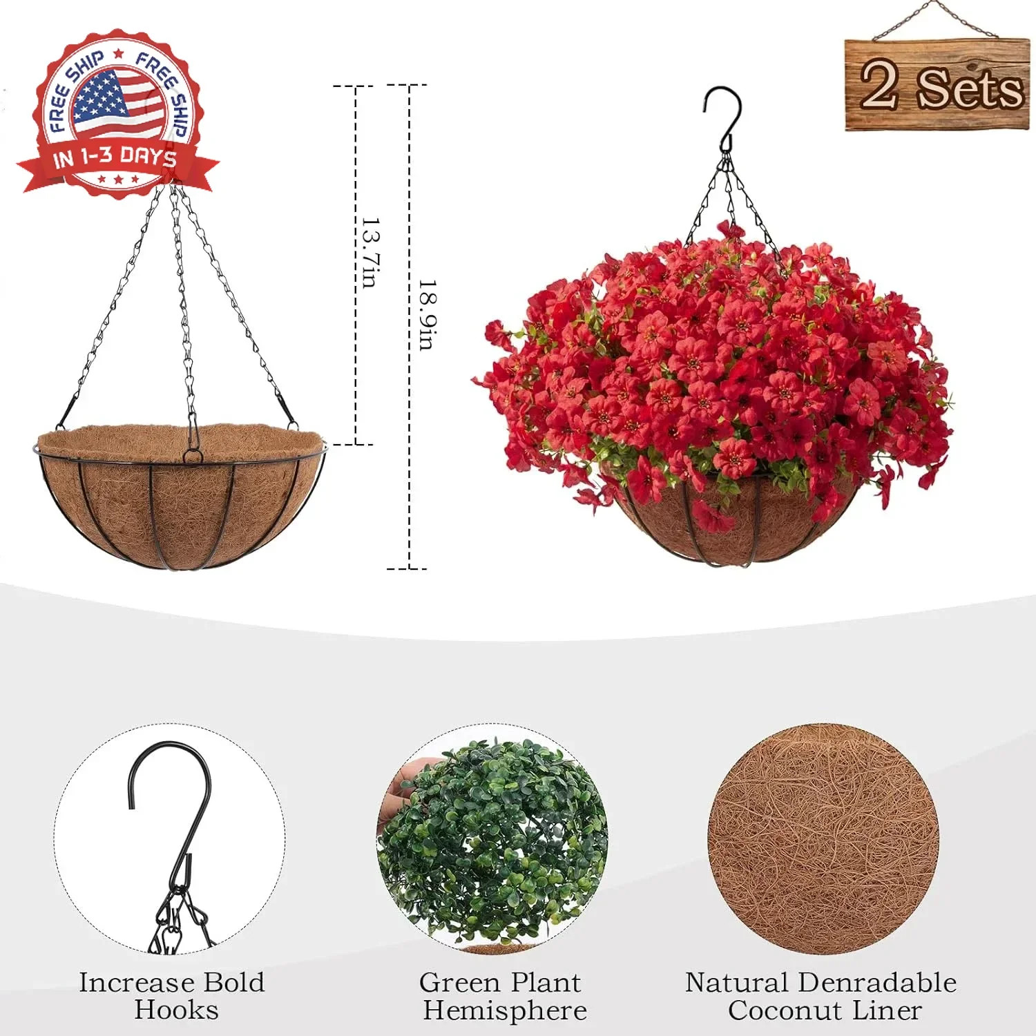 Hananona 24 Pcs Artficial Outdoor Flowers with Hanging Baskets, 2 Pack Hanging P