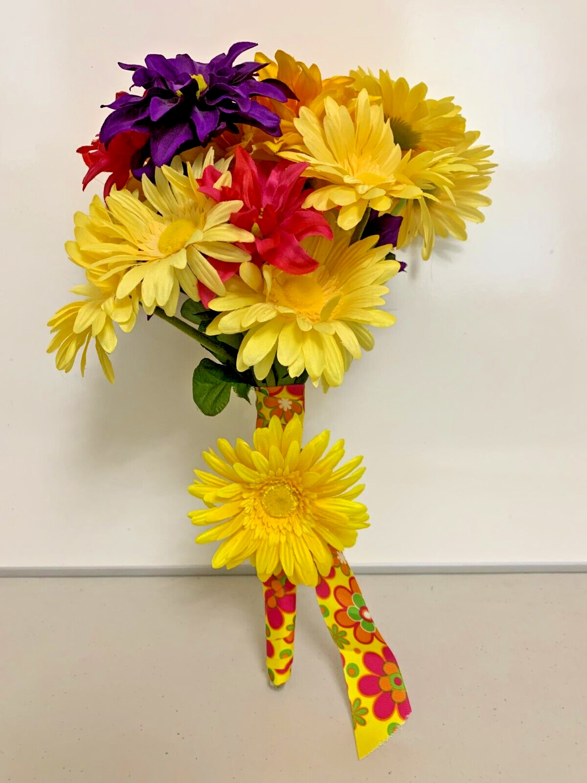 HAND MADE FLORAL DAISY BOUQUET – YELLOW PINK & PURPLE FLOWERS