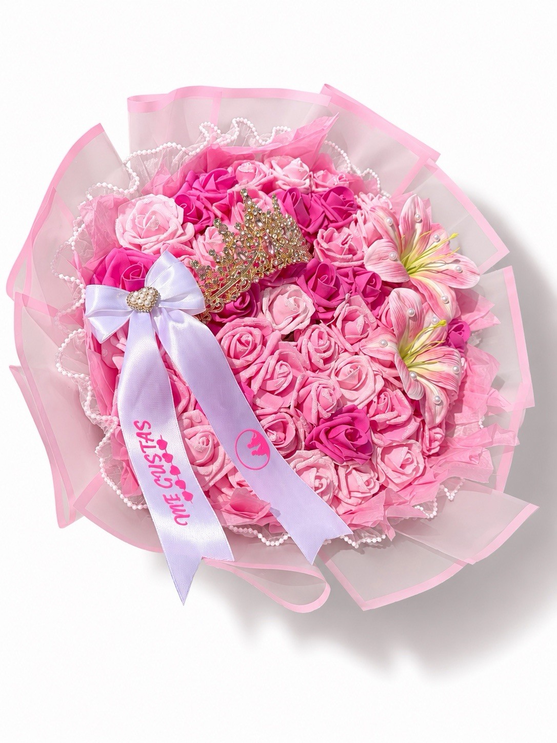 Pink Eternal Rose Bouquet with Crown & Lilies – Custom Ribbon Message Gift