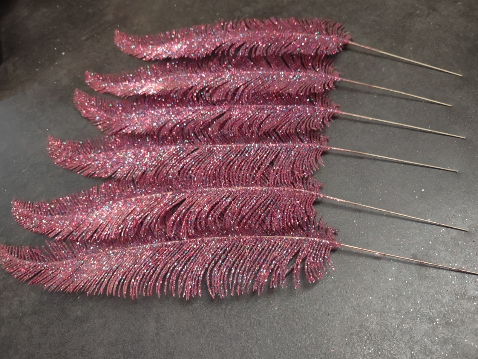 6 Pieces: Retro Plastic Feather Fern, Purple Red & Blue Glittered, Wired 15″