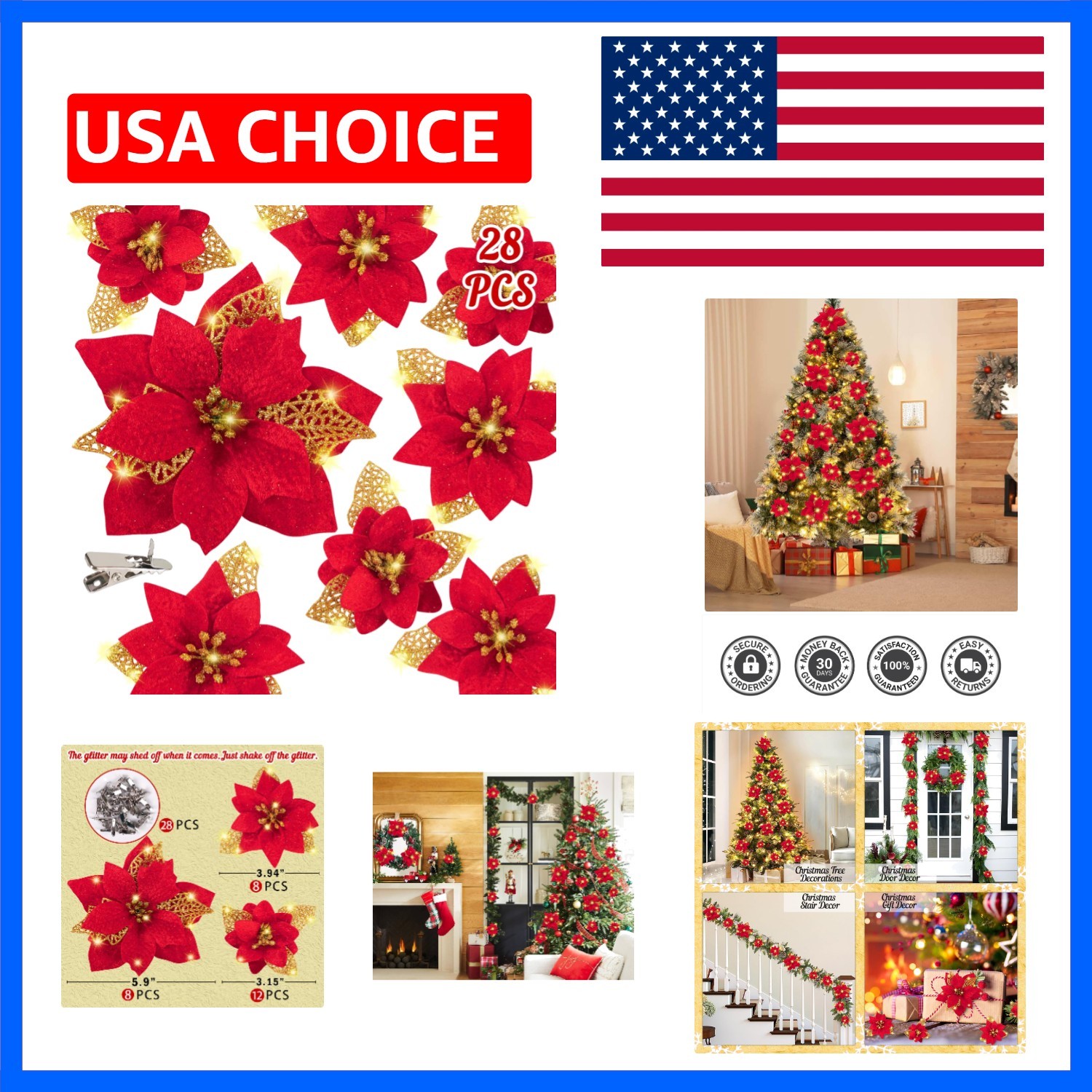 28PCS Christmas Tree Decorations: Poinsettias Artificial Flowers Ornaments Xm…